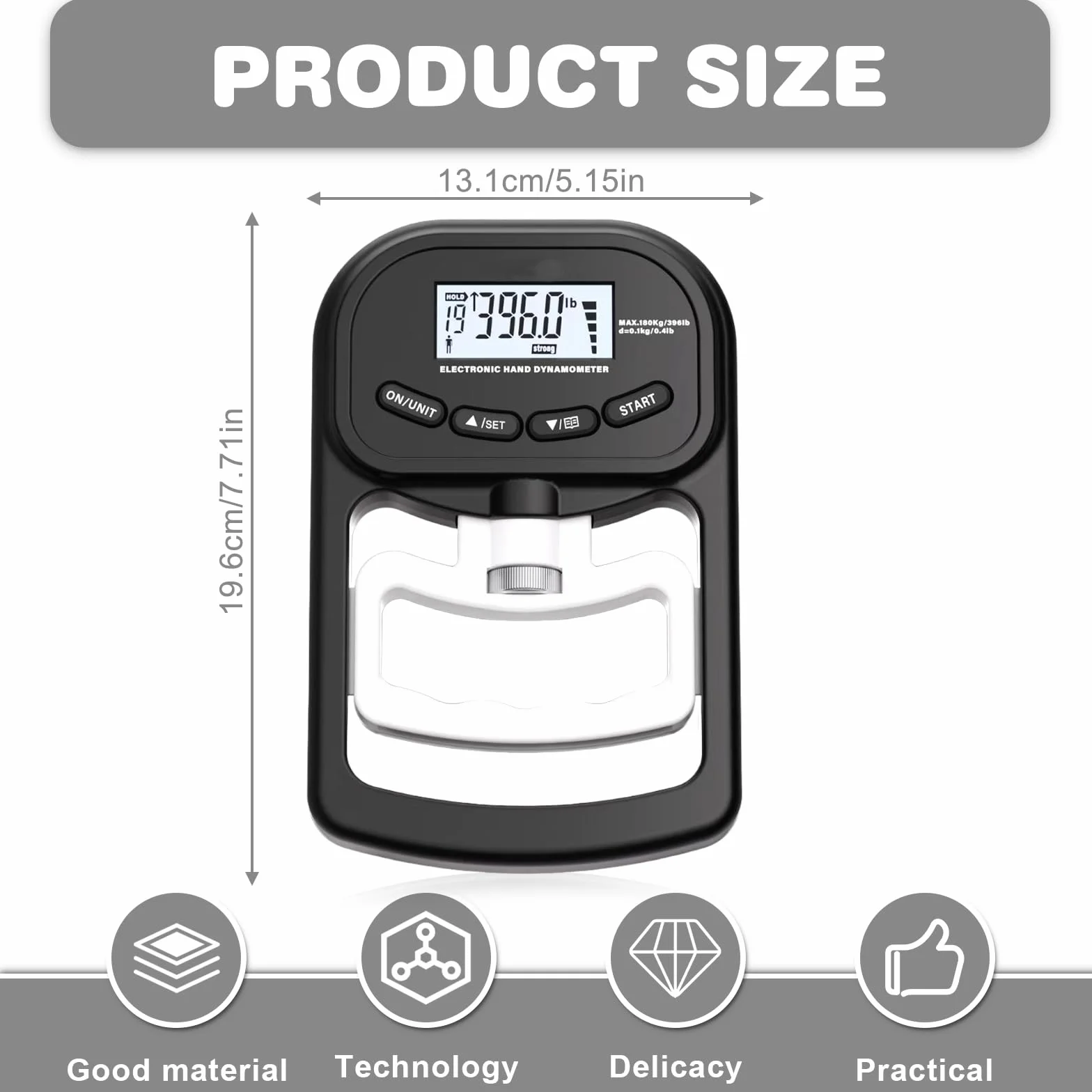 Medidor de fuerza digital manual, 396 lb/180 kg, color negro, dinamómetro de mano con cable de carga USB, gran pantalla LED