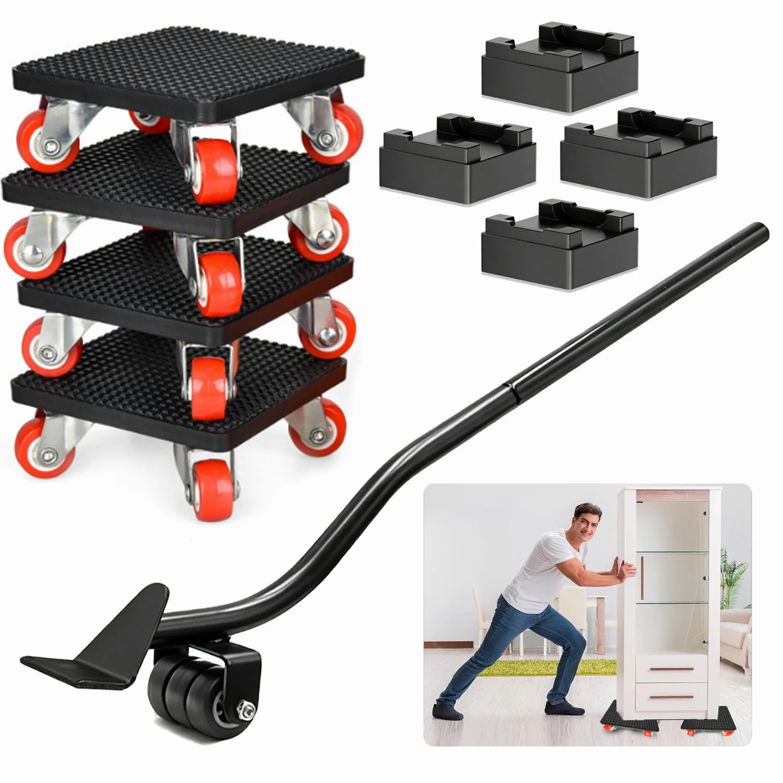 Juego de Elevador de Muebles, Ruedas para Mover Muebles con Barra de Extensión de 630 mm, 4 Ruedas 360 Grados para Muebles, Carga Máxima 500 kg, para Mover Refrigeradores, Sofás, Lavadoras, etc.