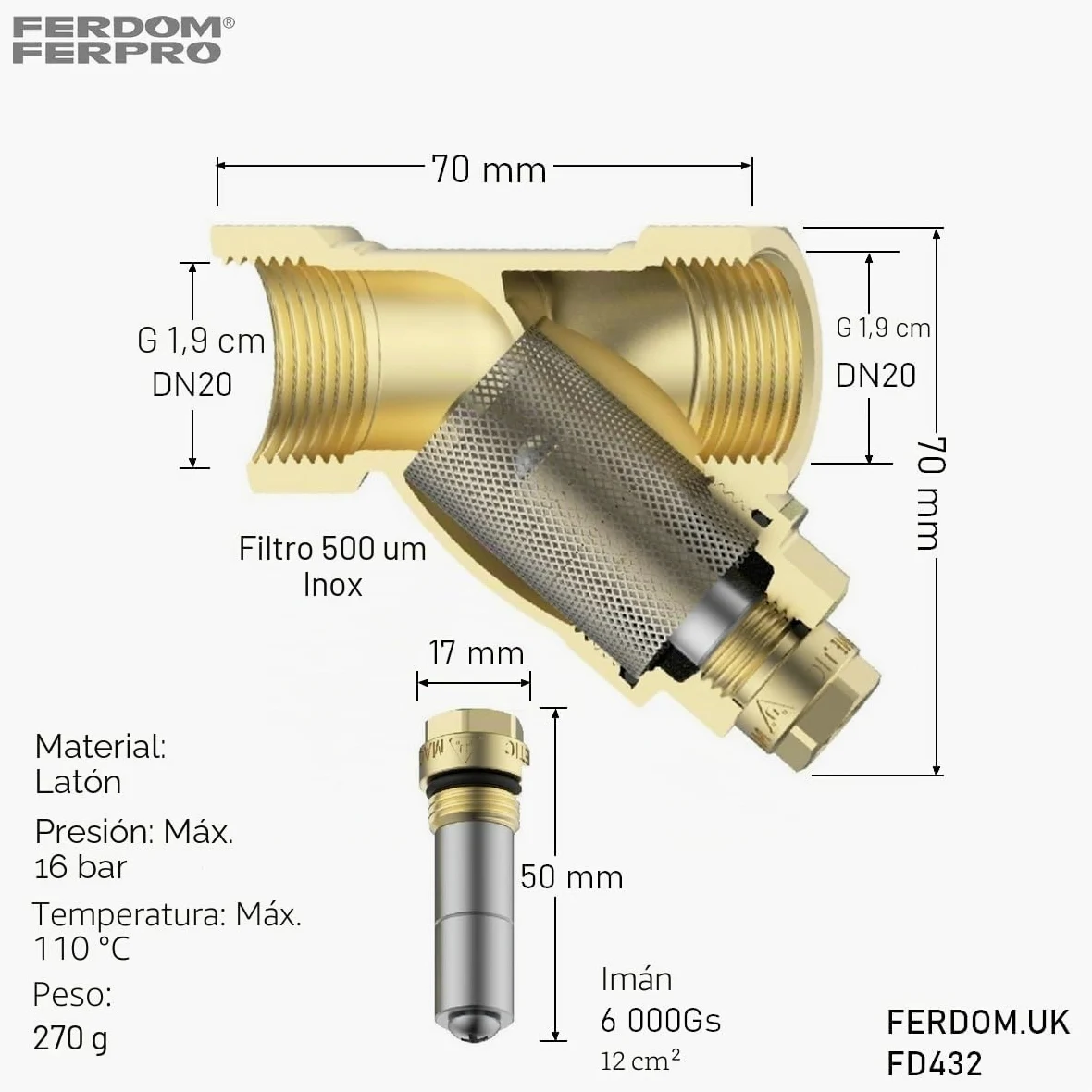 FERDOM FD432 FAST Filtro Y Magnético 3/4" Para Calefacción Central, Bombas De Calor Y Agua. Con Filtro De Suciedad. Cuerpo De Latón. Imán 6000Gs, Malla 500μm. Malla Extra !!! Montaje simple.