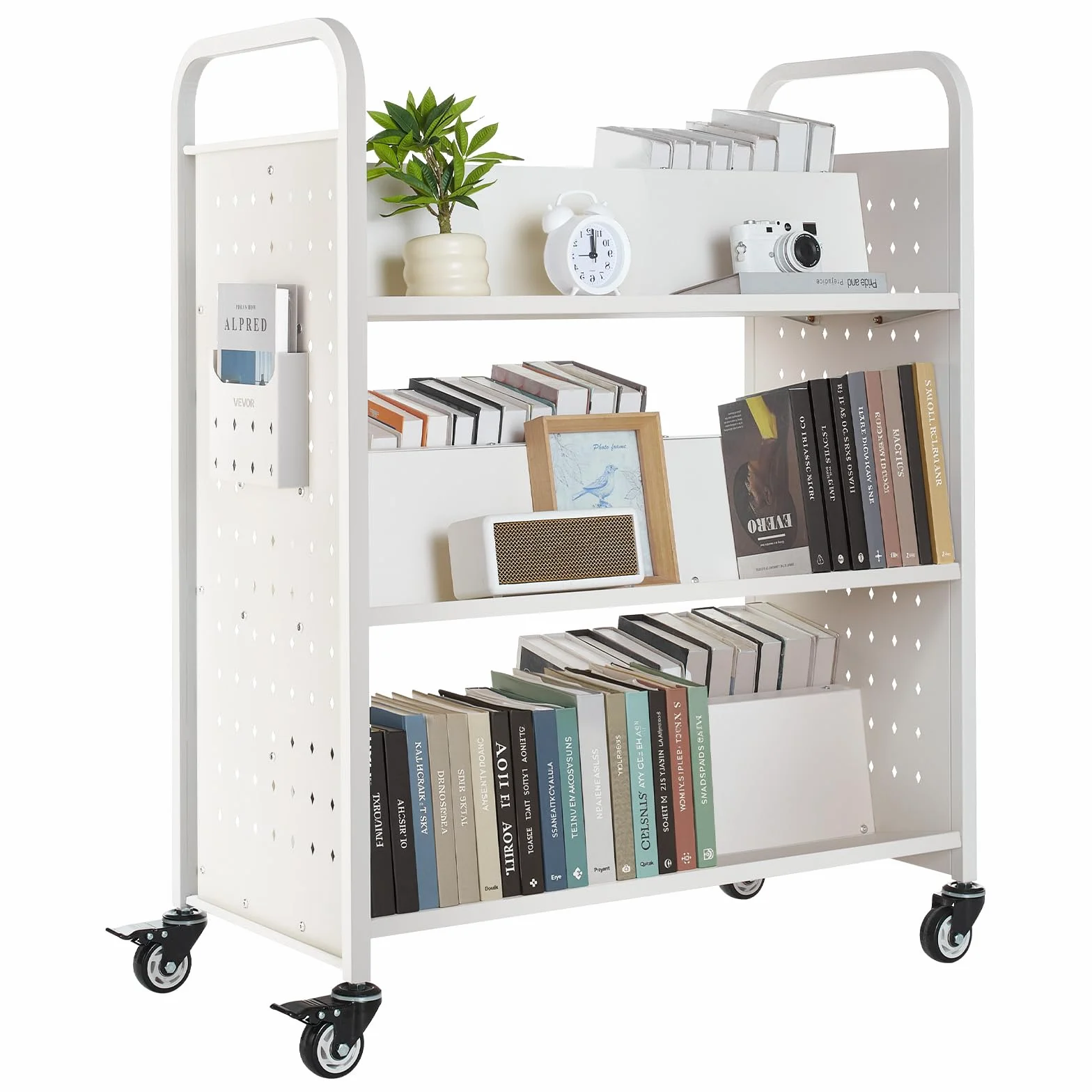 VEVOR Carro para Libros de 3 Niveles Estantería de Libros con Ruedas 97 x 51,5 x 122,5 cm Estante de Almacenamiento en Forma de W Doble Cara Carro Rodante para Biblioteca, Oficina, Escuela, Blanco