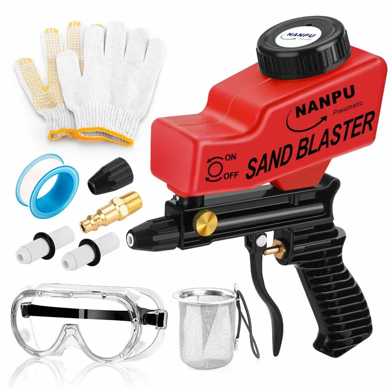 NANPU Kit de pistola de chorro de arena de aire ligero con alimentación por gravedad, boquilla de cerámica, cuerpo de metal, para preparación de superficies de proyectos pequeños, eliminación de
