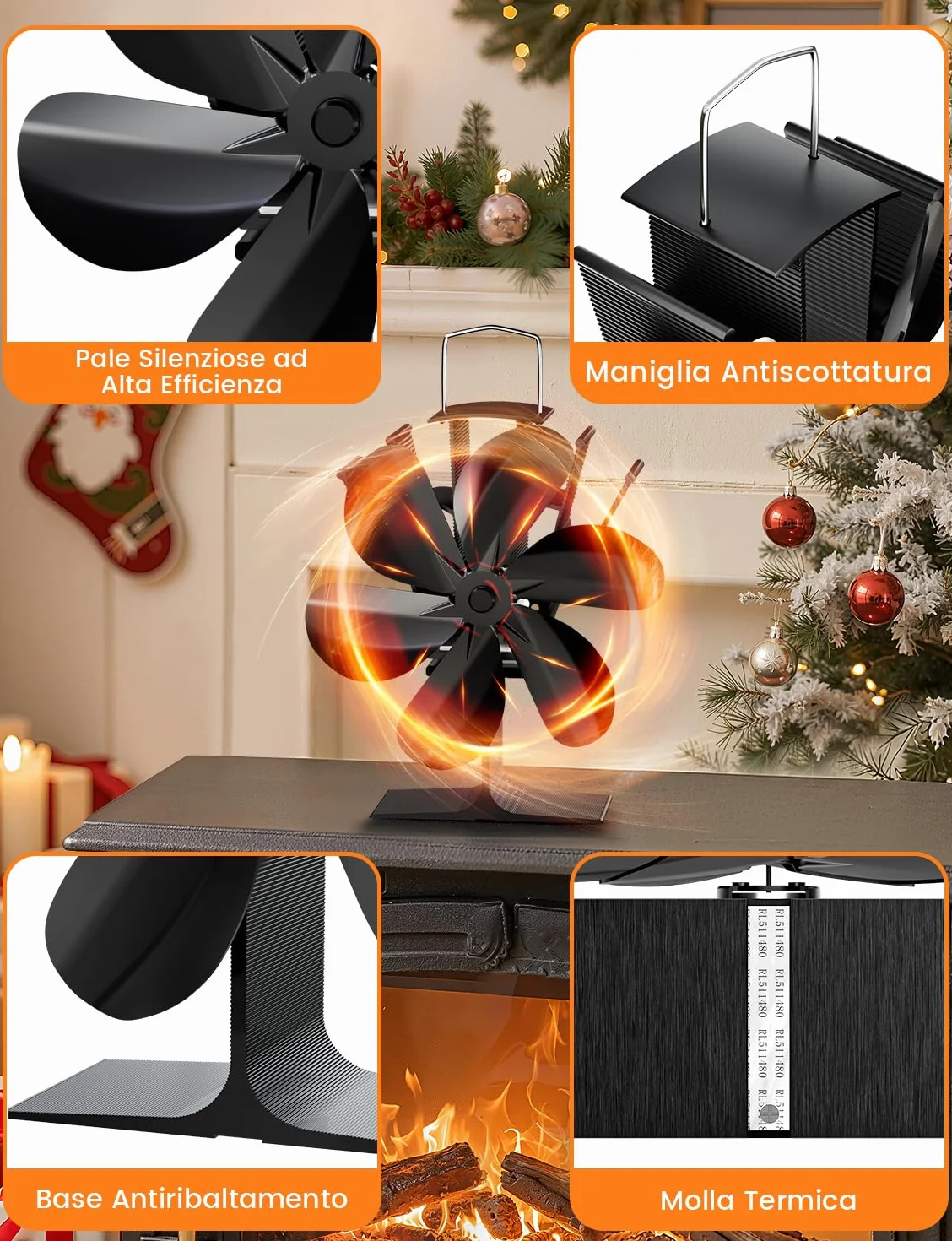 Ventilador de Chimenea 6 Aspas Ventilador de Estufa Silencioso Alimentado por Calor Ventilador de Quemador de Leña No Eléctrico Ecológico para Estufas de Leña Madera Pellet Chimenea