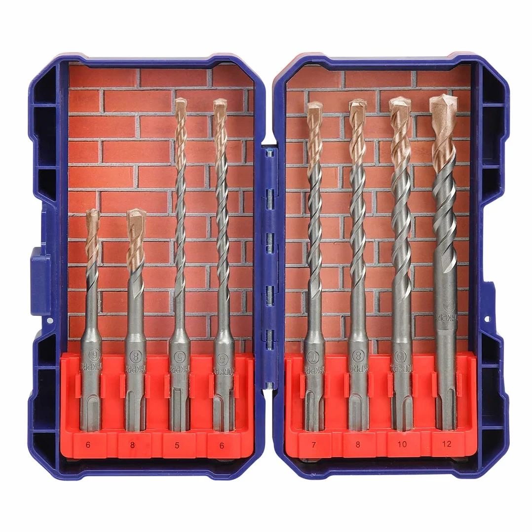 WORKPRO Juego de Brocas SDS Plus 8 Piezas, Brocas para Hormigón con Caja, Ø 5/6/7/8/10/12 mm para Taladro Percutor SDS Plus, Ladrillo, Piedra y Cemento