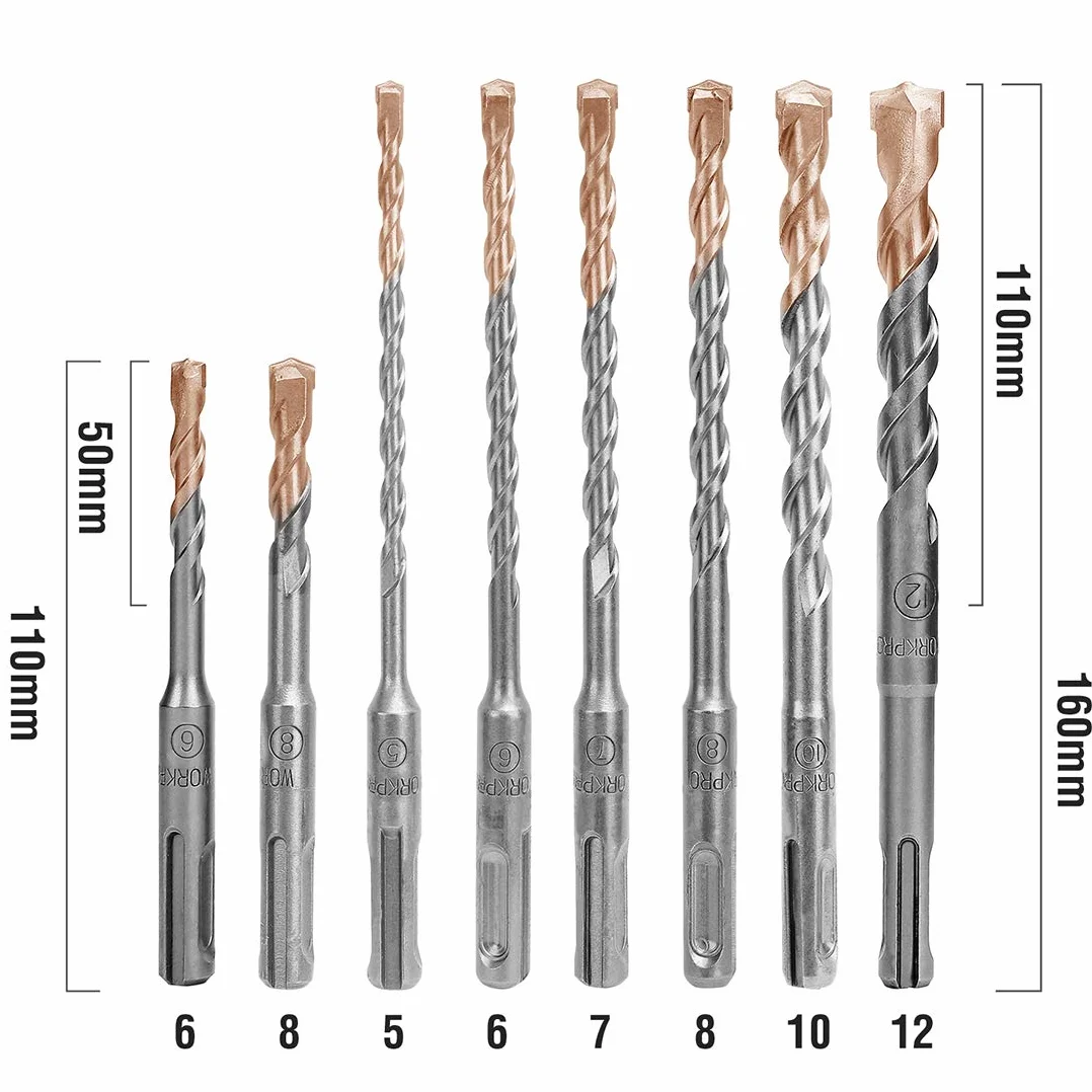 WORKPRO Juego de Brocas SDS Plus 8 Piezas, Brocas para Hormigón con Caja, Ø 5/6/7/8/10/12 mm para Taladro Percutor SDS Plus, Ladrillo, Piedra y Cemento