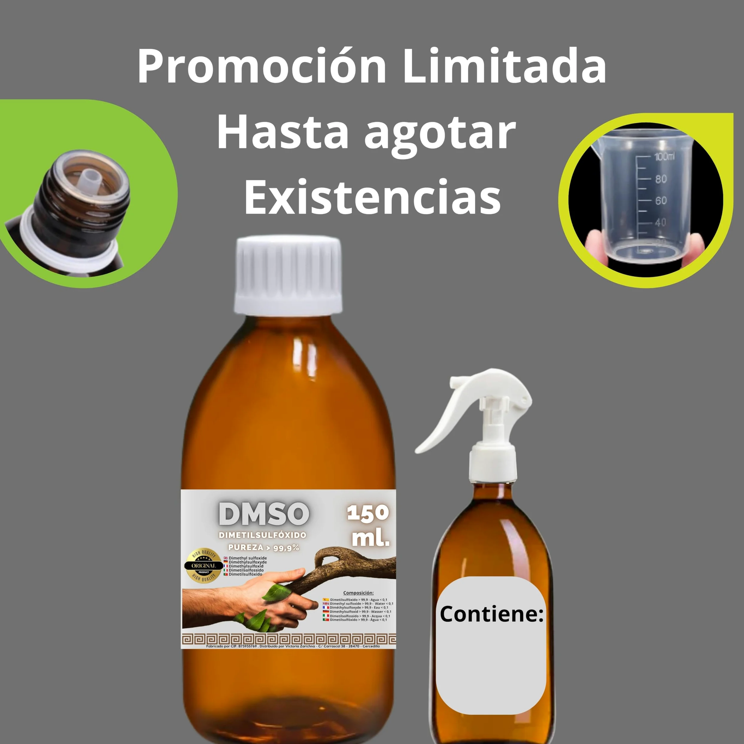 DMSO 150 ml. 99,9% Pureza Con Gotero | Dimetilsulfóxido Calidad Ph Eur | Regalo Frasco125ml + Difusor + Vasito Dosificador | Frascos Ámbar de Laboratorio | Precinto de Seguridad