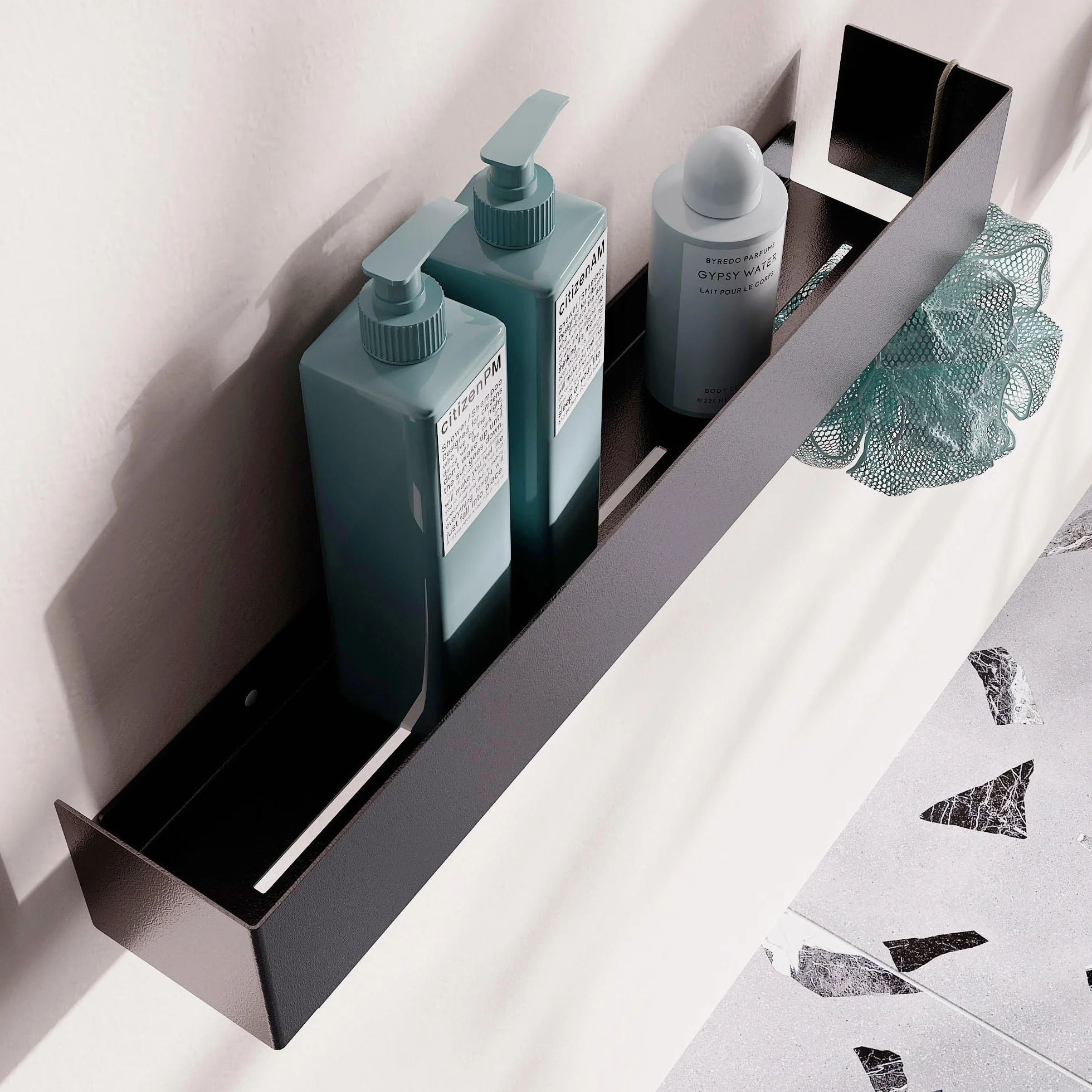 Estantería de ducha negra 50x10x8 cm Estante baño pared sin taladro metal recubrimiento polvo minimalista