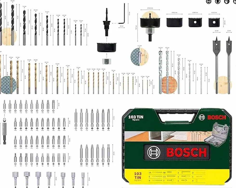 Bosch Profesional Set de brocas y puntas de atornillar de 103 unidades Titanium, madera, piedra y metal, accesorios para herramientas de perforación y atornillado
