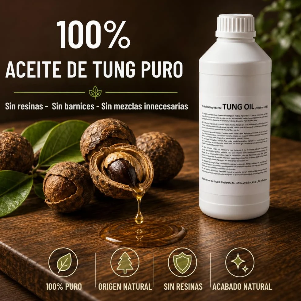 1 l. aceite de tung 100% Puro | Cuidado natural de la madera de interiores y exteriores | No altera el color dejando una capa impermeable muy resistente. - Snadi