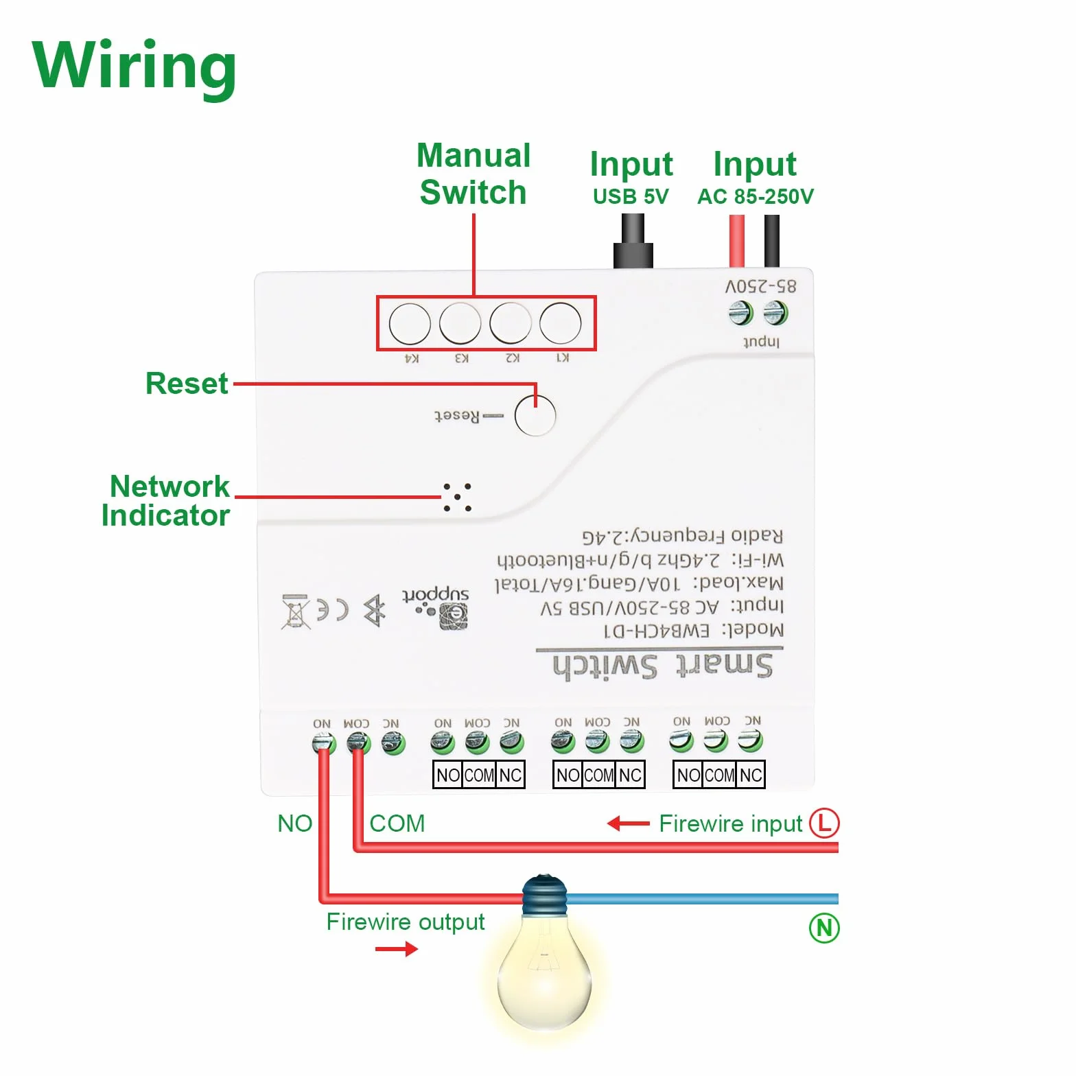 Wengart Interruptor de relé WiFi inteligente AC 85-250 V 10 A, módulo de relé de 4 canales de contacto seco, 2,4 GHz, aplicación Ewelink, funciona con Alexa Google Home, admite tres modos de control