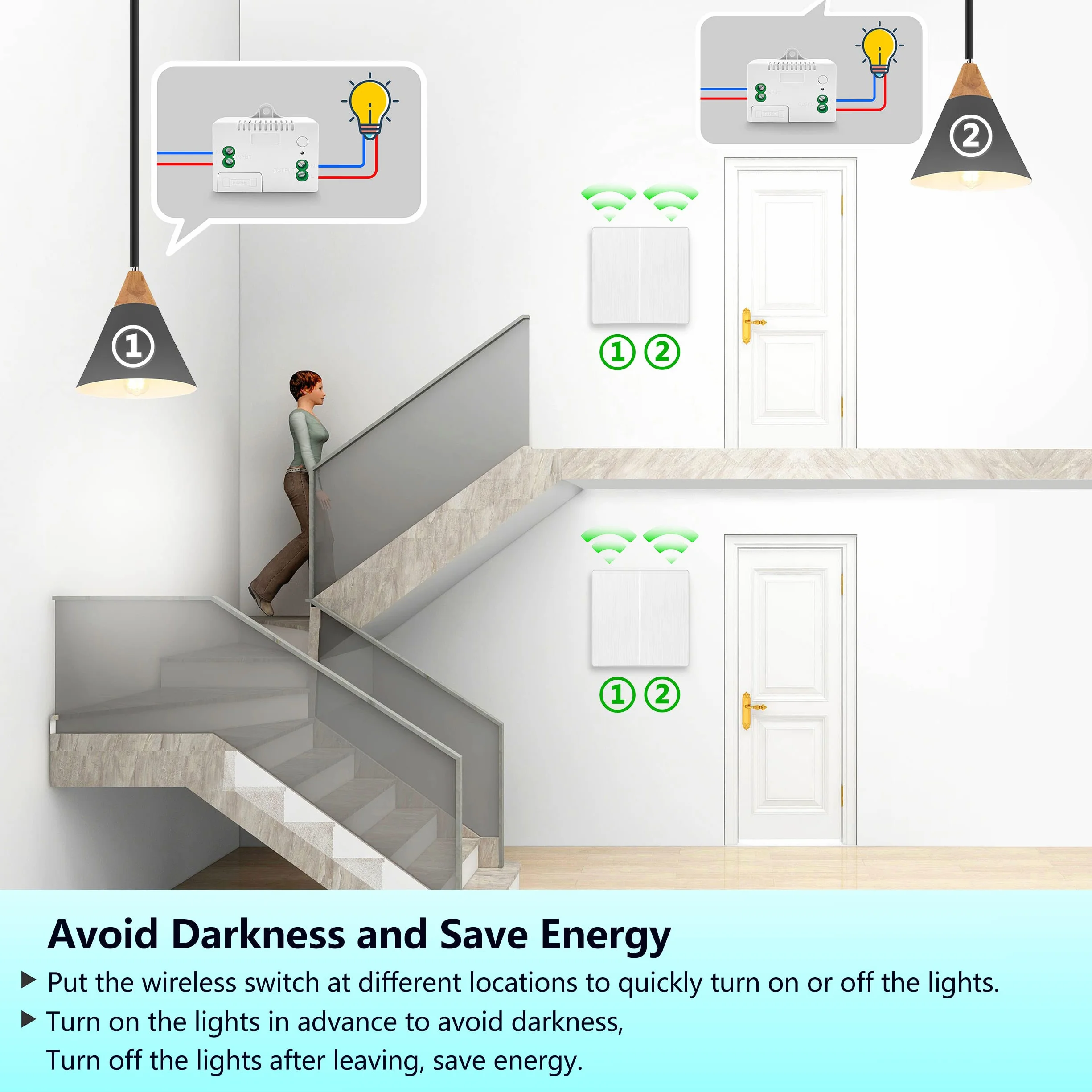 DieseRC Interruptor de Luz Cinético Inalámbrico RF de Panel de Pared con Controlador Receptor de Relé de 10 A