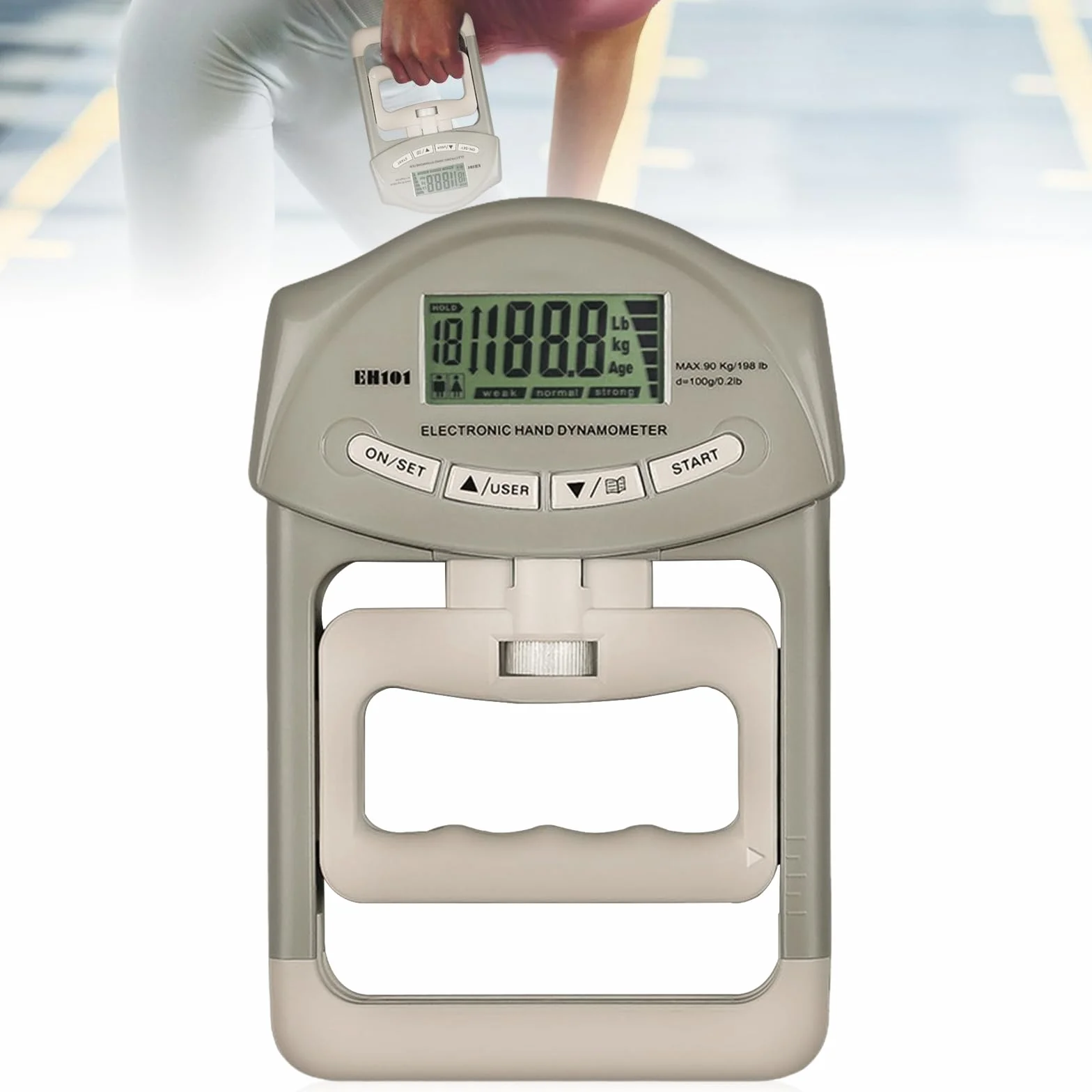 Powermetro digital de mano, 90 kg, dinamómetro manual gris con 19 juegos de placas individuales, entrenamiento de fuerza de agarre electrónico y pantalla LED grande