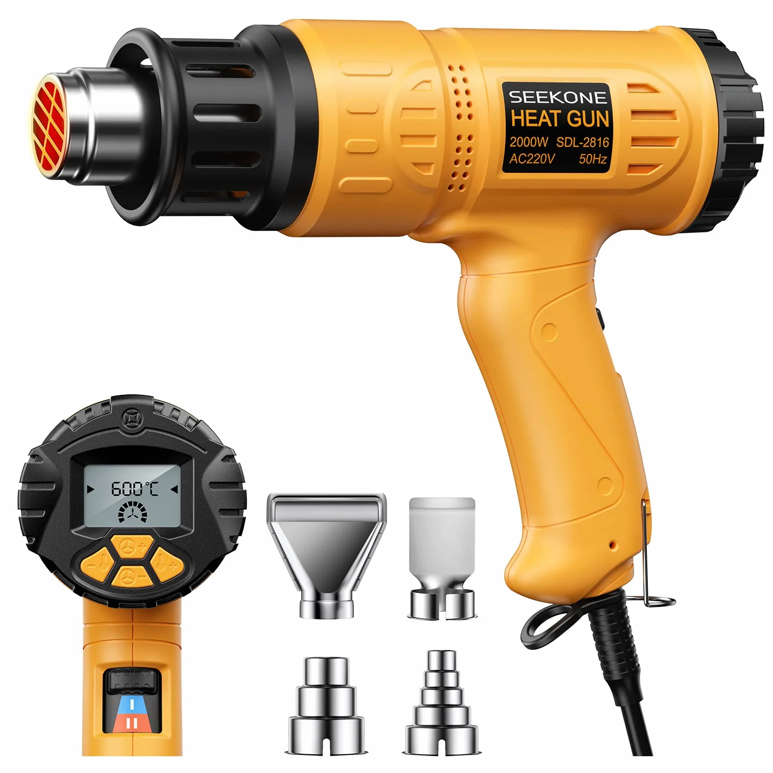 SEEKONE Pistola de Calor Profesional 2000W 50℃-600℃ con Pantalla LCD Digital Grande, Pistola de Aire Caliente Temperatura Variable con Memoria de Encendido, ℃-℉, Función de Retardo de Apagado