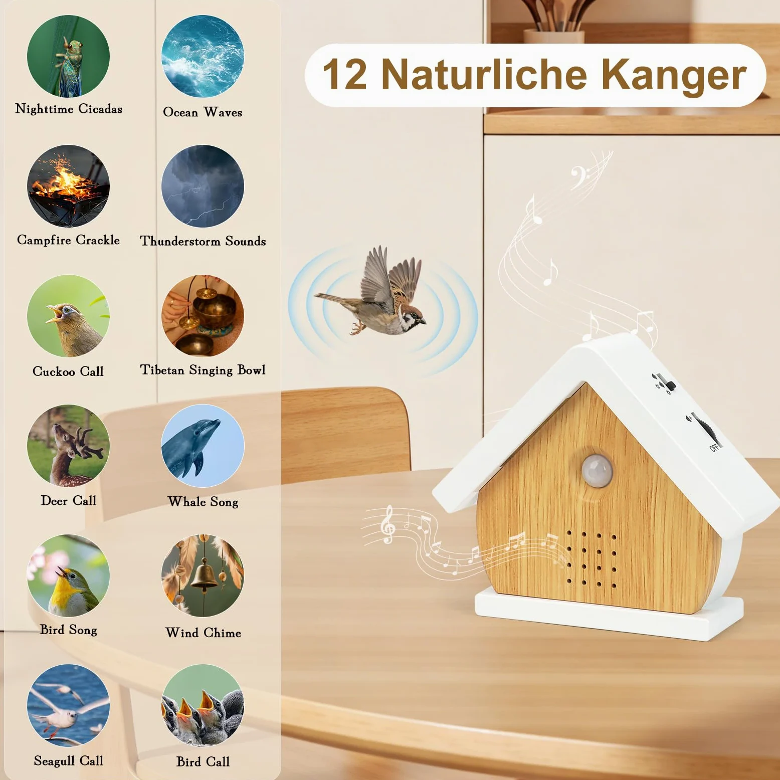 Zwitscherbox Vogelgezwitscher,Vogelgezwitscher Box,Vogelgezwitscher Bewegungsmelder Box,Naturgeräusche Box mit Leuchten/Timer/12 Lieder,Weiß Rauschen Vogelzwitschern für Toilette, Spa und Relaxung