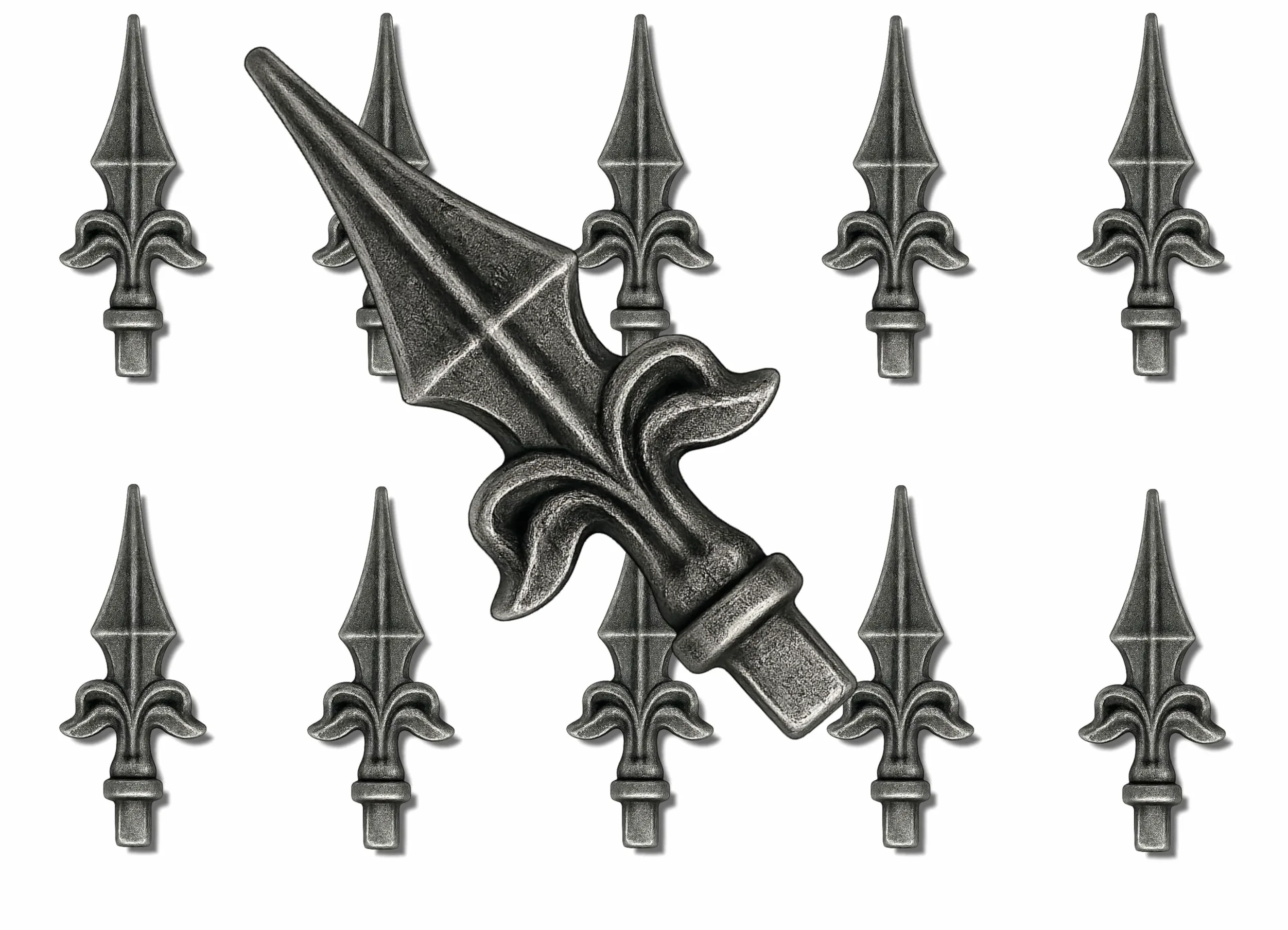 Punta de valla de hierro forjado, 10 piezas forjadas de acero, punta decorativa rústica de hierro, punta de metal, punta de lanza (130x55mm, 10 uds., diámetro de acoplamiento Ø12mm)