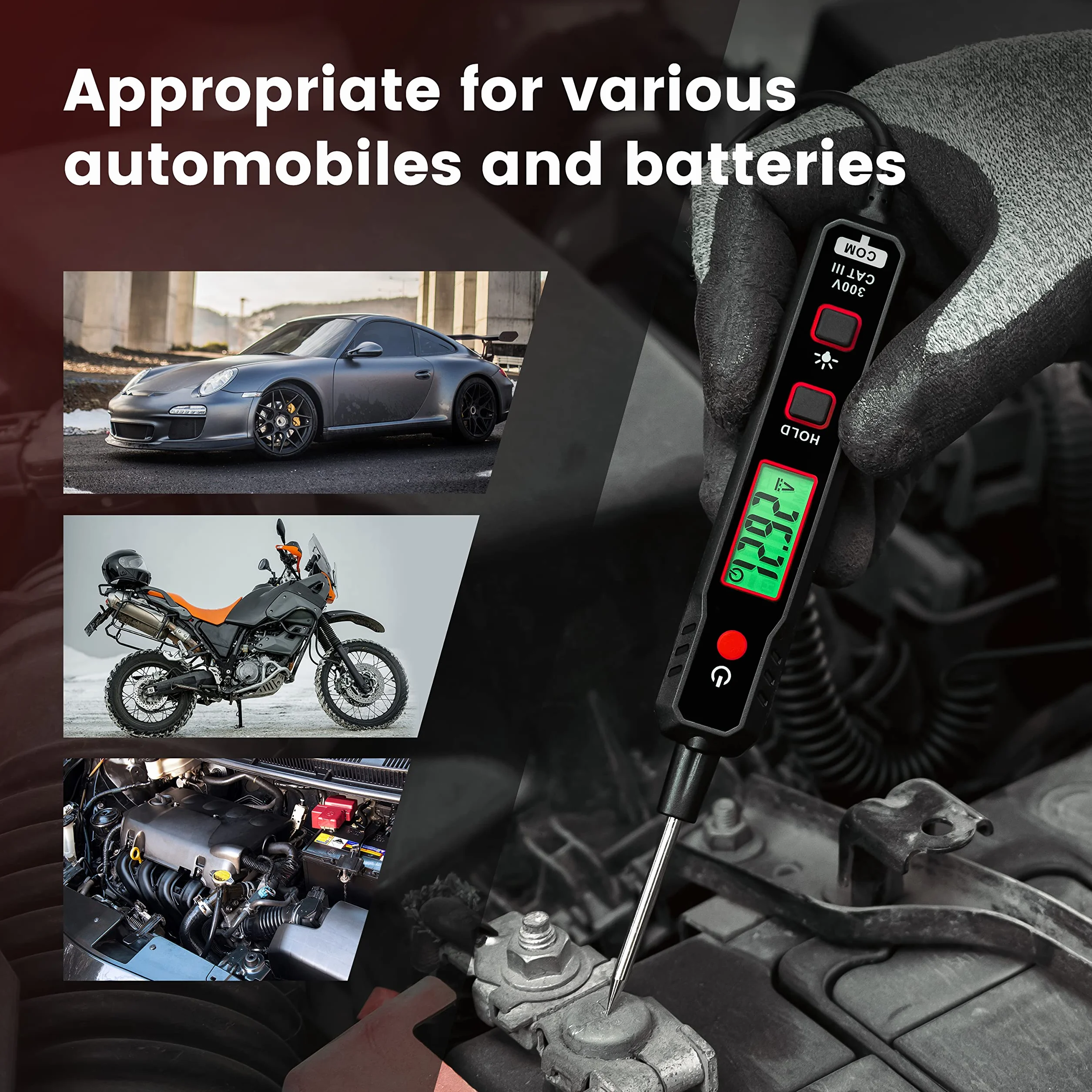 KAIWEETS Lápiz Comprobador de Voltaje para Coche, 0.8V-100V DC, Lámpara de Prueba Digital con Luz de Fondo