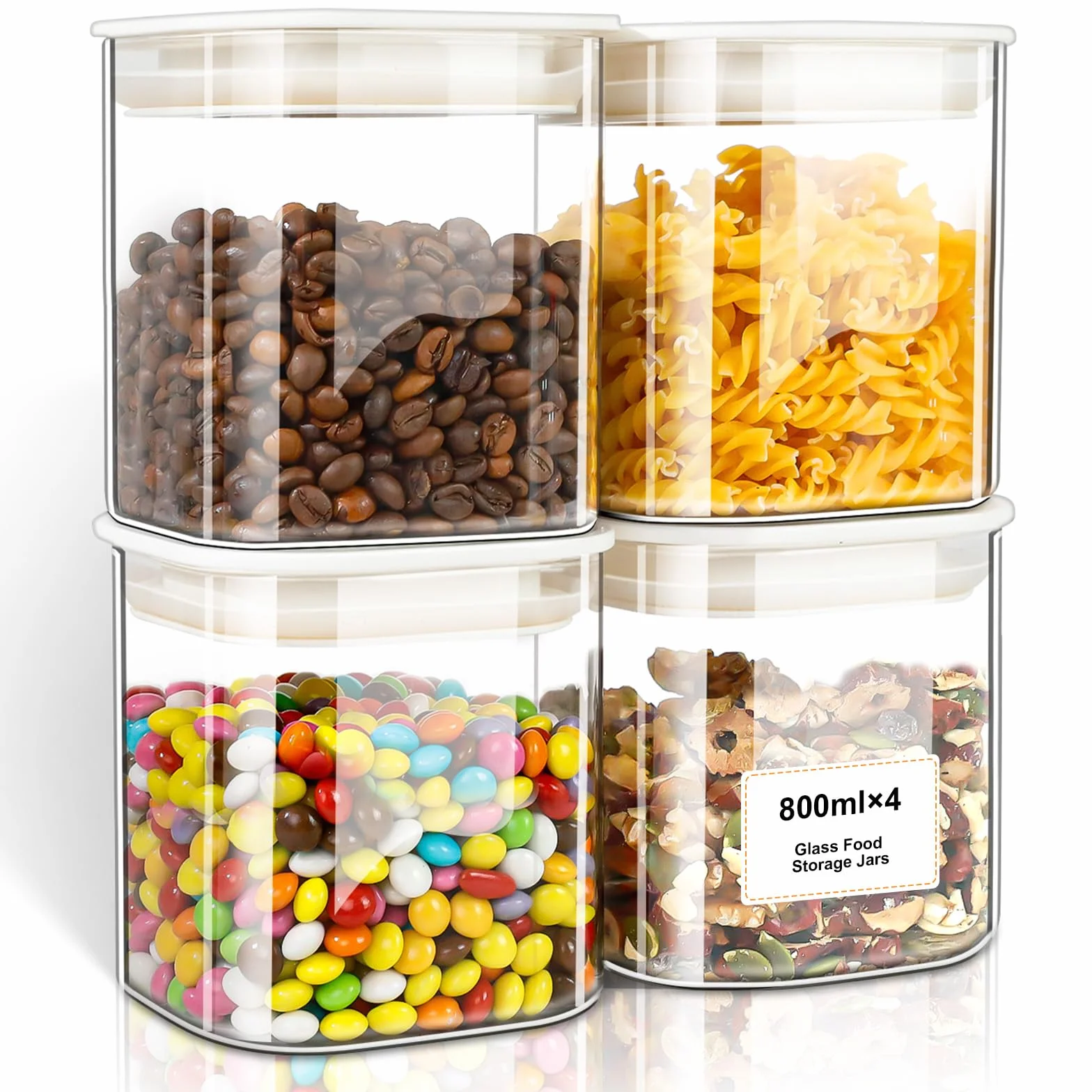 VINATO Set de 4 Botes de Cristal con Tapa (4 x 0,8L) – Tarros Herméticos Cuadrados para Harina, Especias, Cereales & Café, Almacenaje Cocina, Lavables en Lavavajillas