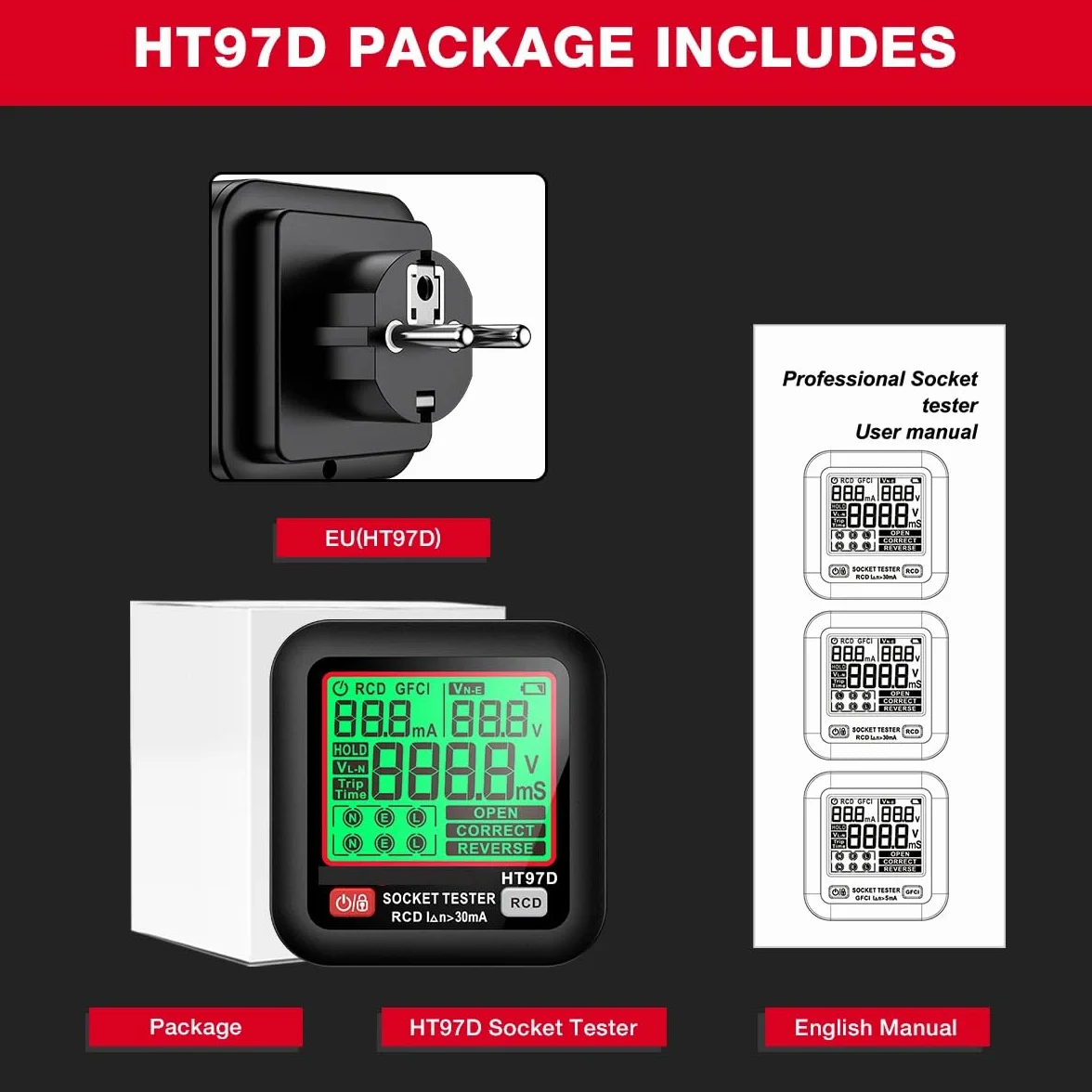 DollaTek D9B Profesional Tester de Enchufe Detección RCD/GFCI Display LCD Voltaje/Frecuencia 90-250V Analizador EU