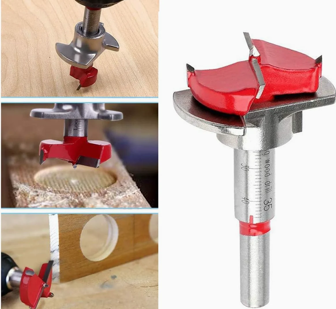 Juego de brocas Forstner, 5 piezas, 15 mm, 20 mm, 25 mm, 30 mm, 35 mm, acero al carbono, posicionamiento ajustable, para trabajar la madera, broca para bisagras, broca para madera blanda y