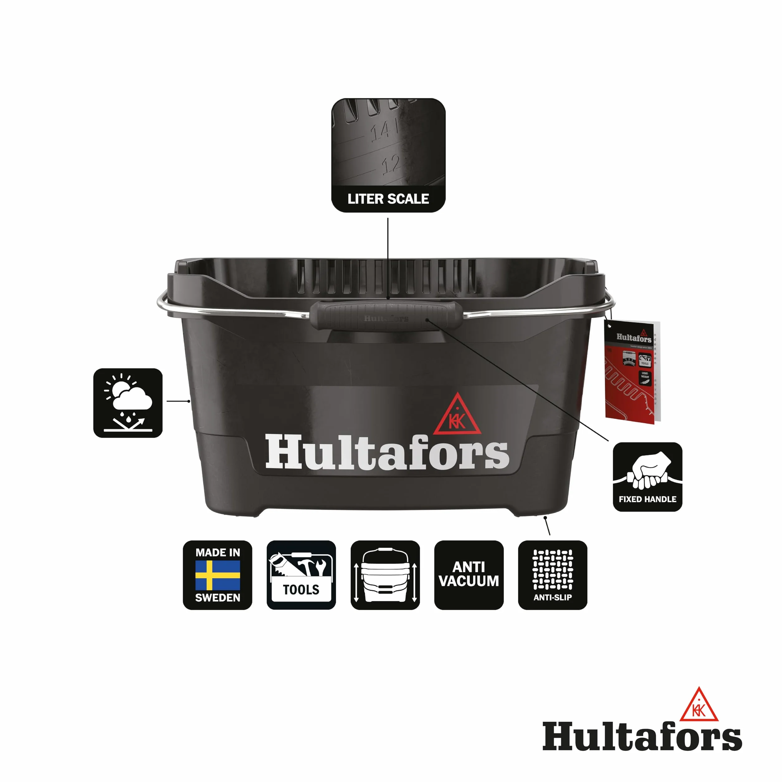 Hultafors Cubo para Herramientas de 15 litros I I con Capacidad para hasta 100 kg | Cubo con construcción ultrarresistente y Forma ergonómica I Made in Sweden I 590101
