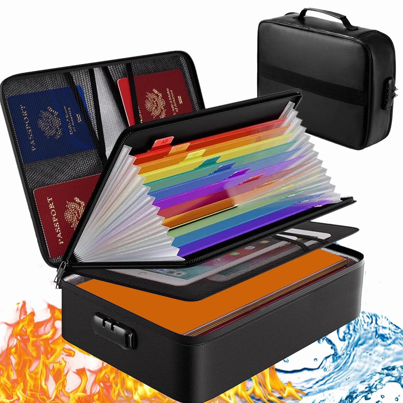 Caja Fuerte Ignífuga con Cerradura, Organizador de Documentos Importantes, Resistente al Agua, Maletín Portátil para Documentos con Bolsa Organizadora de Varias Capas para Archivos, Pasaporte
