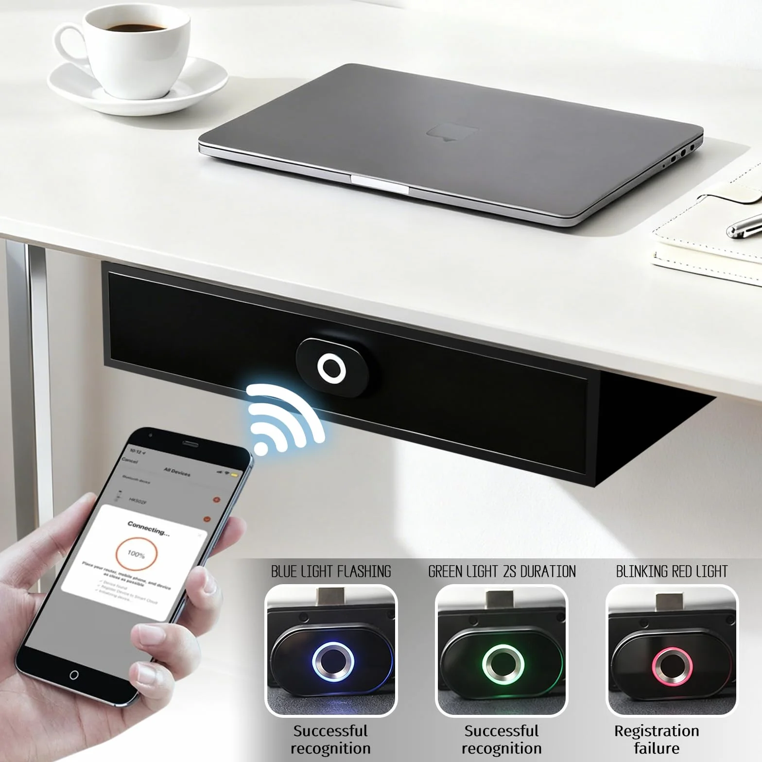 Caja Fuerte Inteligente con Huella Dactilar Recargable, Desbloqueo por App, para Cajón Casa Oficina Hotel