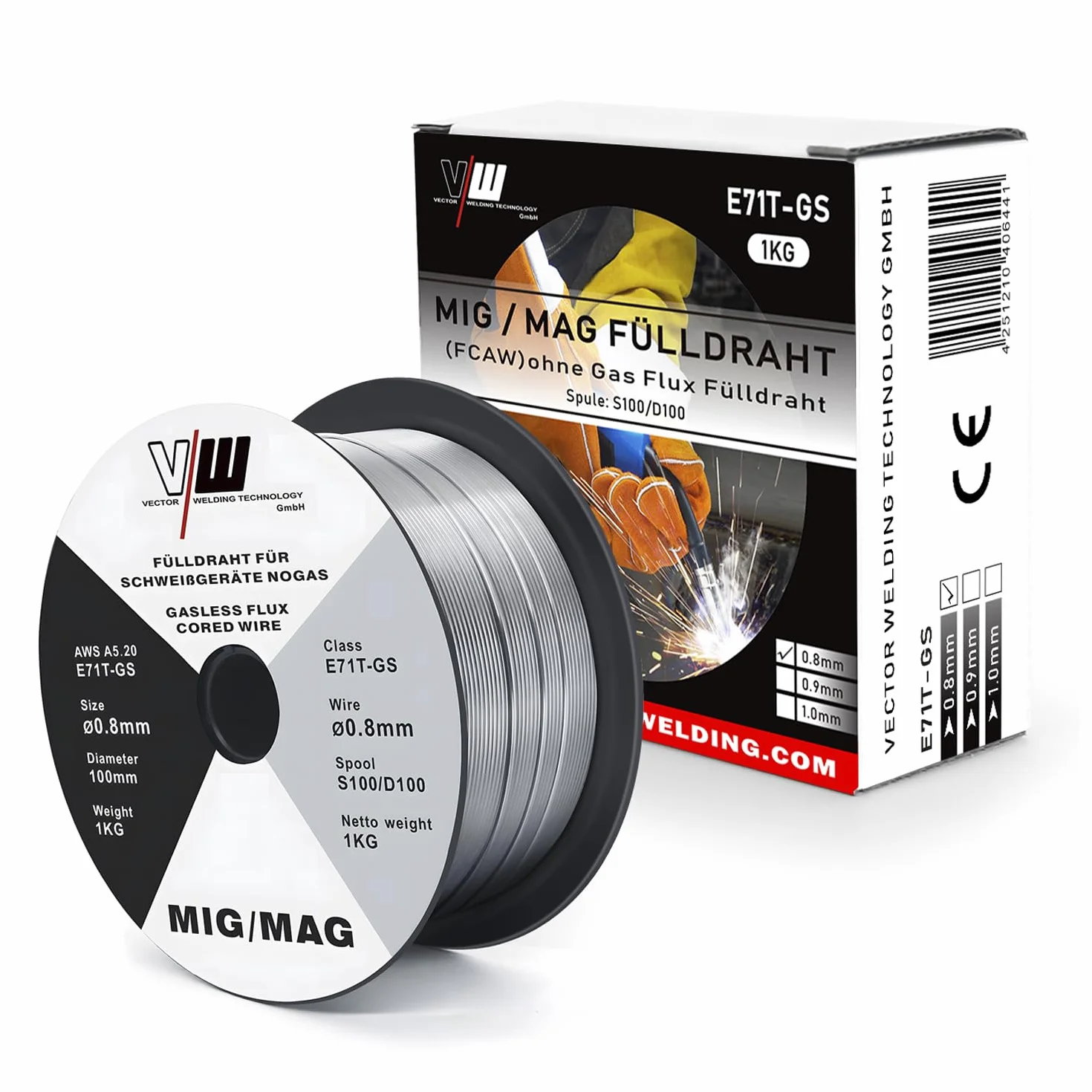 VECTOR WELDING Alambre de Soldadura D100/S100 MIG MAG de 1 kg, E71T-GS Hilo de Soldar sin Gas, 0,8 mm, 2 Unidades, Uso universal