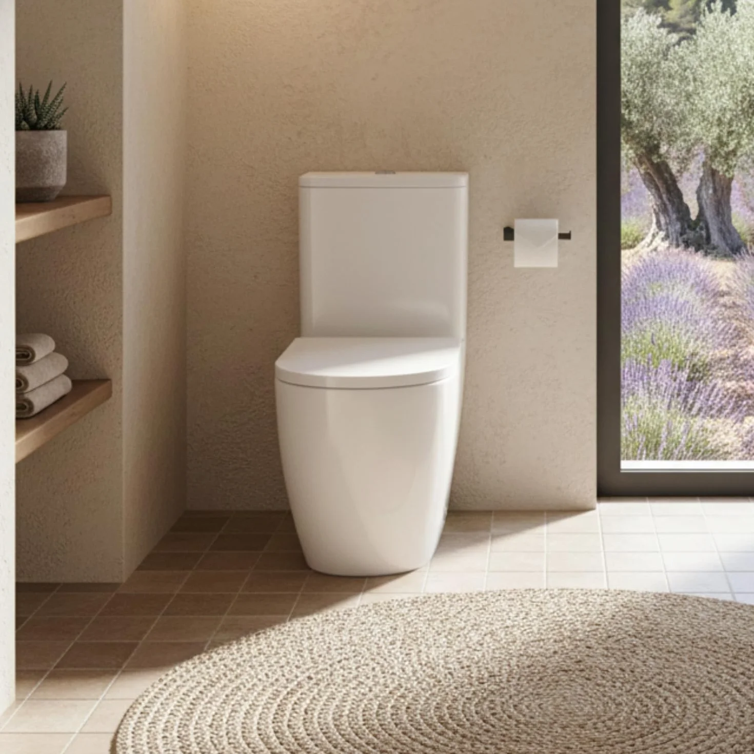 SOULHOME Pack Inodoro Completo Rimless Curvo Blanco Mate | Tapa Amortiguada | Salida Horizontal/Vertical | Doble Descarga Eco | Pulsador Dorado