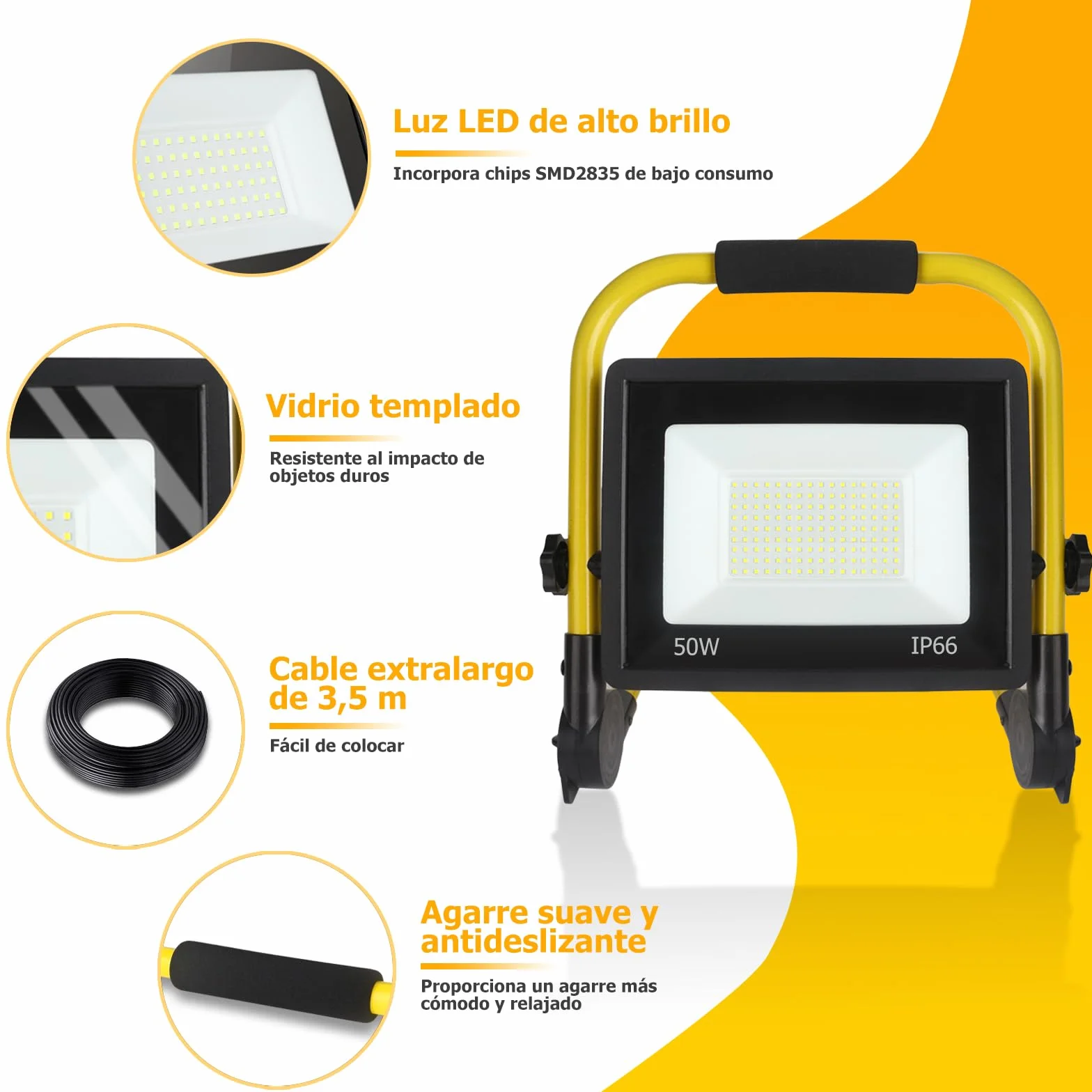 Luz de trabajo LED de 50 W, luz de trabajo súper brillante de 5400 lm, reflector portátil de 6000 K, luz blanca diurna, IP66 impermeable, luces de construcción con cable de 3,5 m, enchufe e