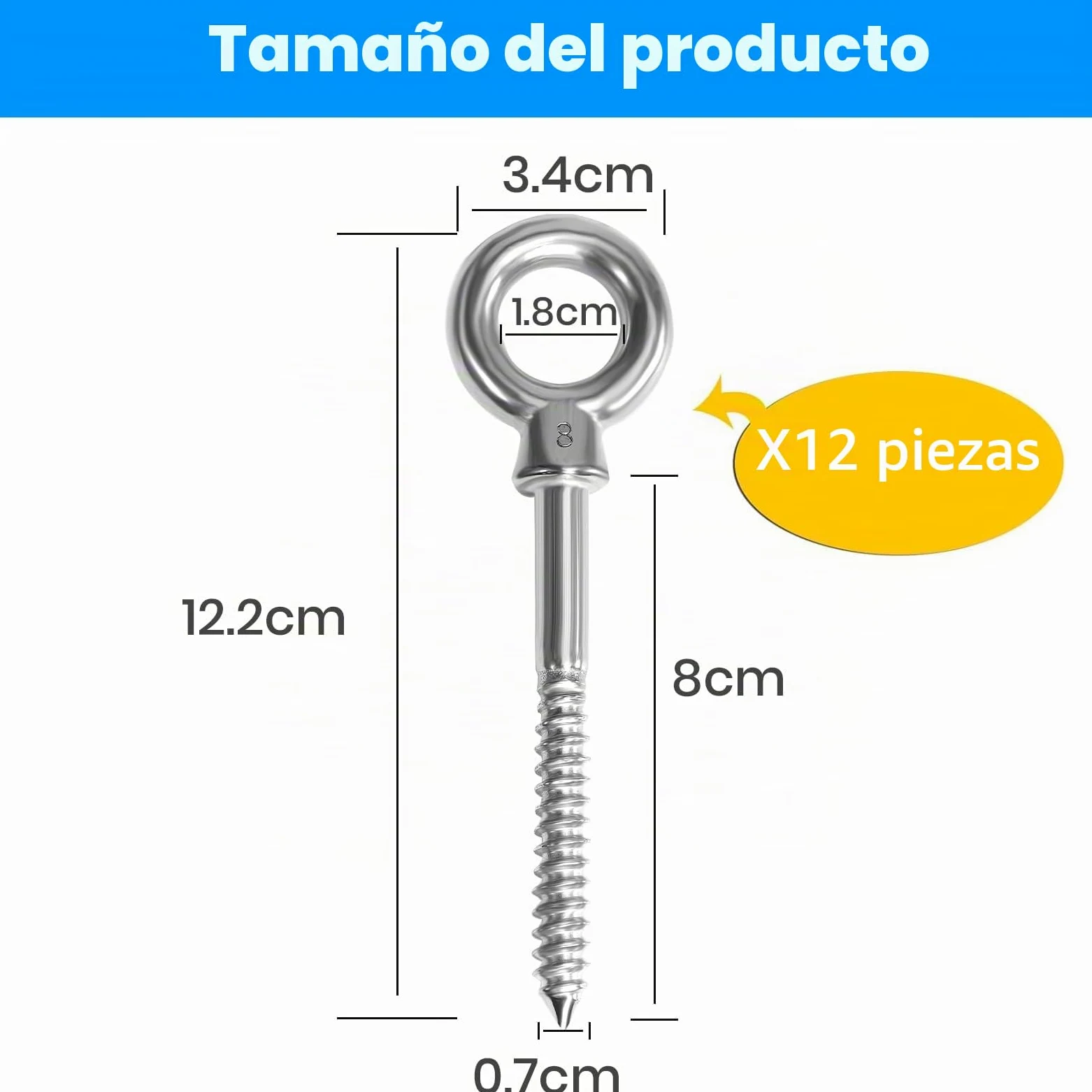 12 uds. pernos de ojo | perno de ojo M8 x 80 mm | perno de ojo de acero inoxidable 304 | perno de ojo M8 | pernos de ojo | Gancho de tornillo M8 con tuerca de anillo puntiaguda