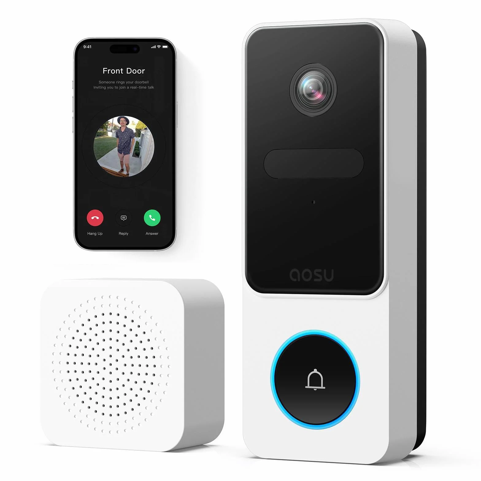 aosu Timbre Inalámbrico con Cámara 2K, Videoportero Exterior Impermeable IP65, Detección Humana y de Paquetes PIR, Audio Bidireccional, Visión Nocturna, Compatible con Alexa (2.4G WiFi)