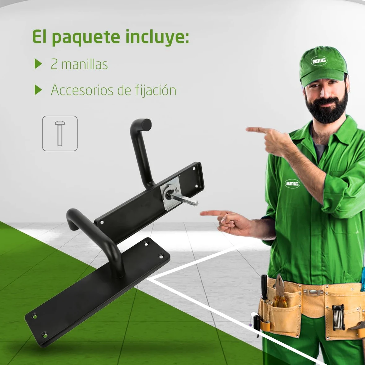 Amig - Juego de dos Manillas con placa - Maneta para puerta de interior o exterior - Sin bocallave - Aluminio - Color Negro - 139 x Ø19 mm - Medidas: 222x55x10mm