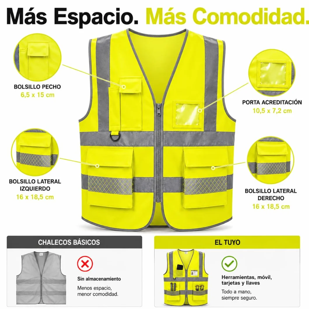 Chaleco Reflectante con Bolsillos y Cremallera Pack 2 Unidades | Chaleco Reflectante Homologado DGT Alta Visibilidad ISO 20471 | Chaleco Seguridad Trabajo Coche Moto Bicicleta Talla L Universal