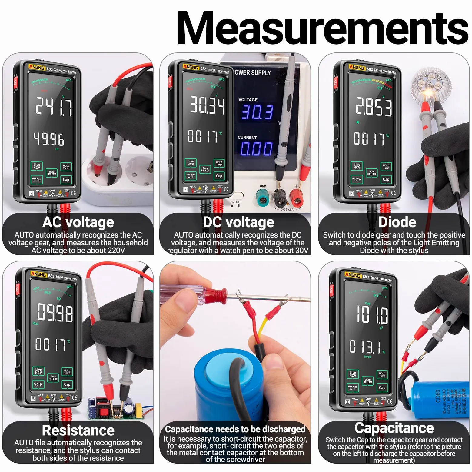 Irfora 683 6000 Cuentas Gran Multimetro Digital de Pantalla Táctil Inteligente Anti-Quemadura Recargable Medidor Universal Inverso de CA Display NCV con Linterna para Voltaje, Corriente, Resistencia,