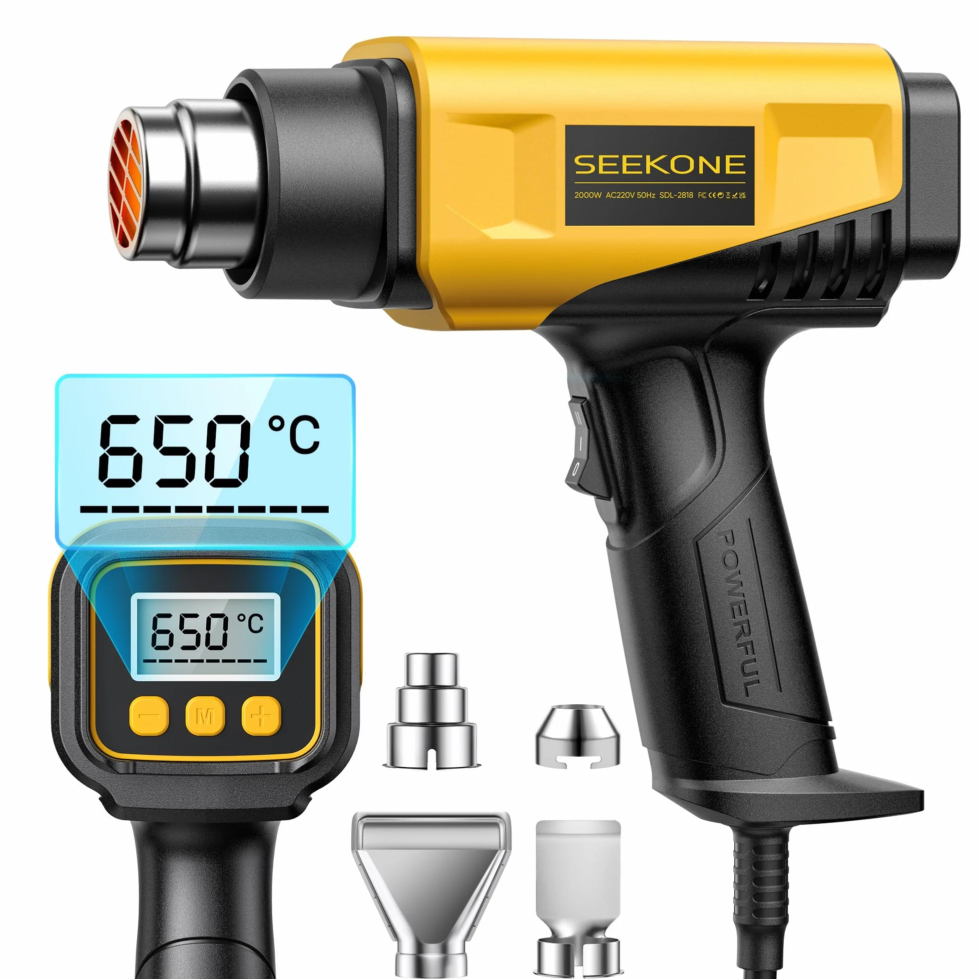 SEEKONE Pistola de Aire Caliente de 2000W con Pantalla LCD Digital, 50℃-650℃ Diseño Compacto y Temperatura de Flujo de Aire Ajustable, con Protección de Sobrecarga y Ideal para Manualidades