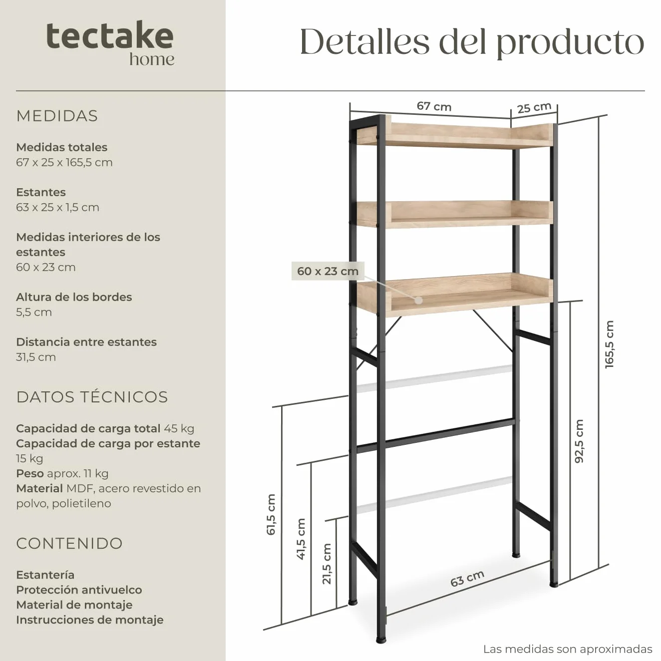 Estanteria baño Estilo Industrial Tres Estantes Compacto Ajustable Antivuelco Montaje Rápido 165,5x25x67cm Madera Roble Sonoma