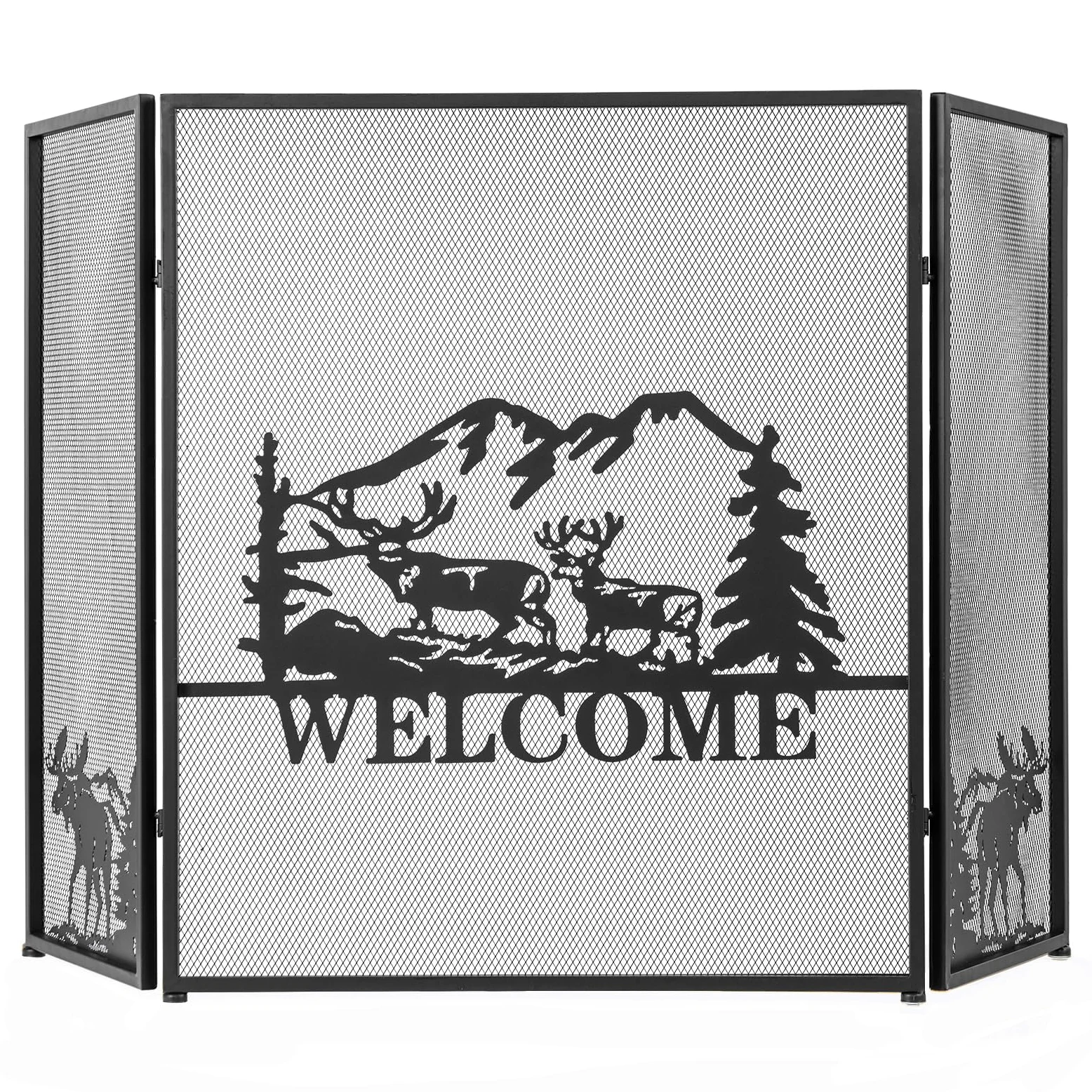 GIANTEX Pantalla de Chimenea Plegable con 3 Paneles, 132 x 79 cm, Salvachispas Chimenea de Metal para Aislamiento de Chispas y Cenizas, Rejilla Protector de Chimenea para Niños y Mascotas (Welcome)