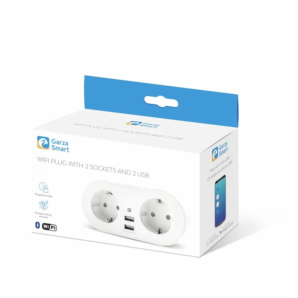 Garza Smart, Enchufe Wifi doble inteligente con 2 tomas y 2 puertos USB, programable, WiFi 2.4 GHz, con medidor de consumo, control remoto por app y por voz Alexa/Google, color blanco