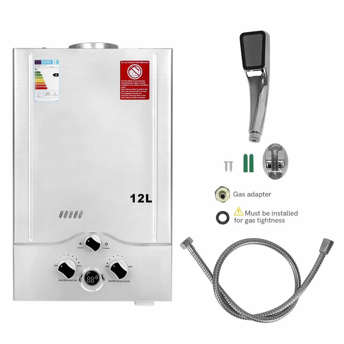 BreeRainz Calentador de Agua a Gas 12LPM 24KW GLP Presión de Agua 0,2 bar Butano Propano
