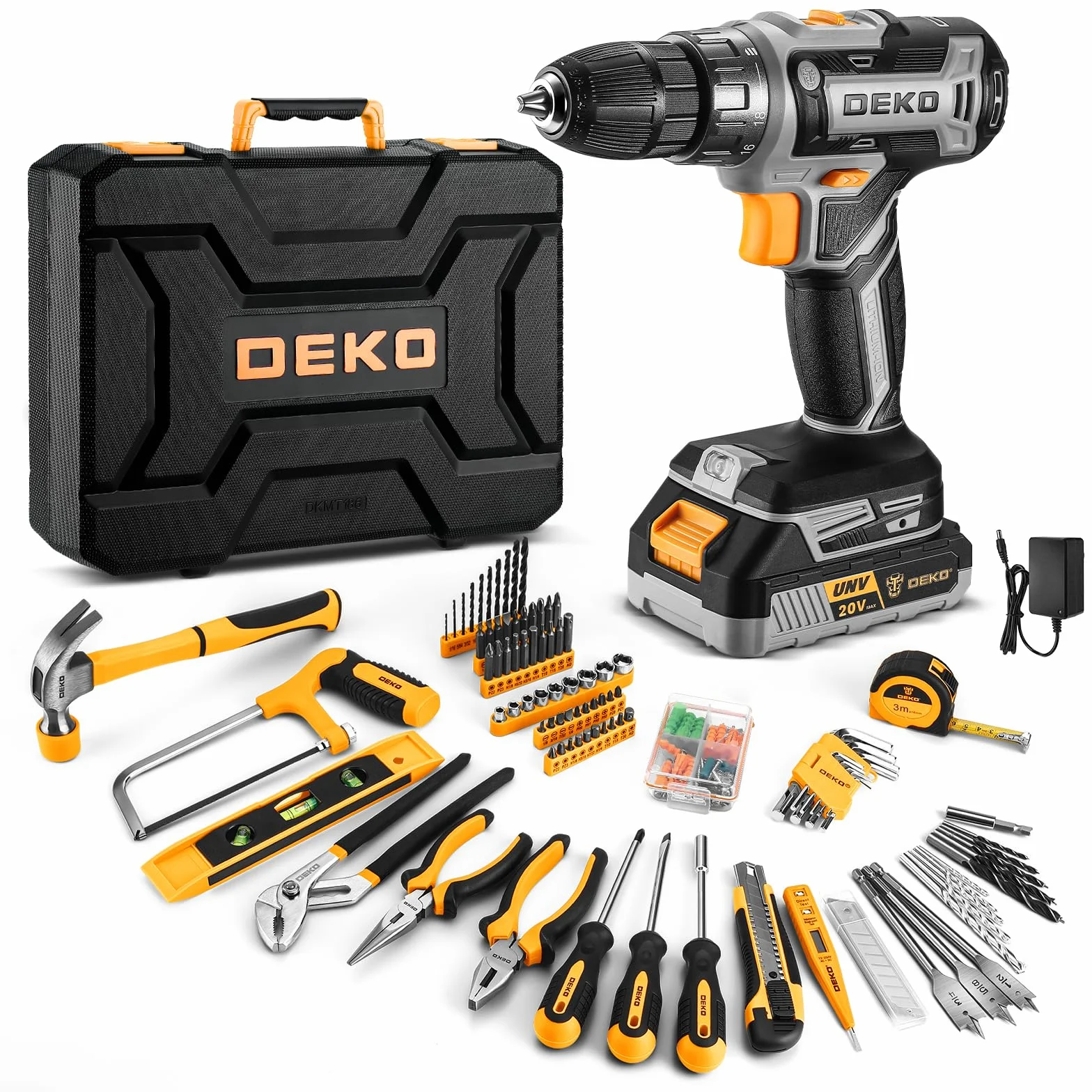 DEKO Caja Herramientas Completa con Destornillador Electrico/Taladro con bateria de 20V, Maletin de 186 Piezas, Caja profesional de herramientas Domésticas de Bricolaje para Oficinas y Jardín