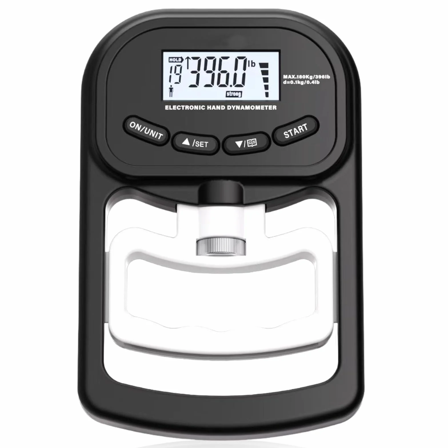 Medidor de fuerza digital manual, 396 lb/180 kg, color negro, dinamómetro de mano con cable de carga USB, gran pantalla LED