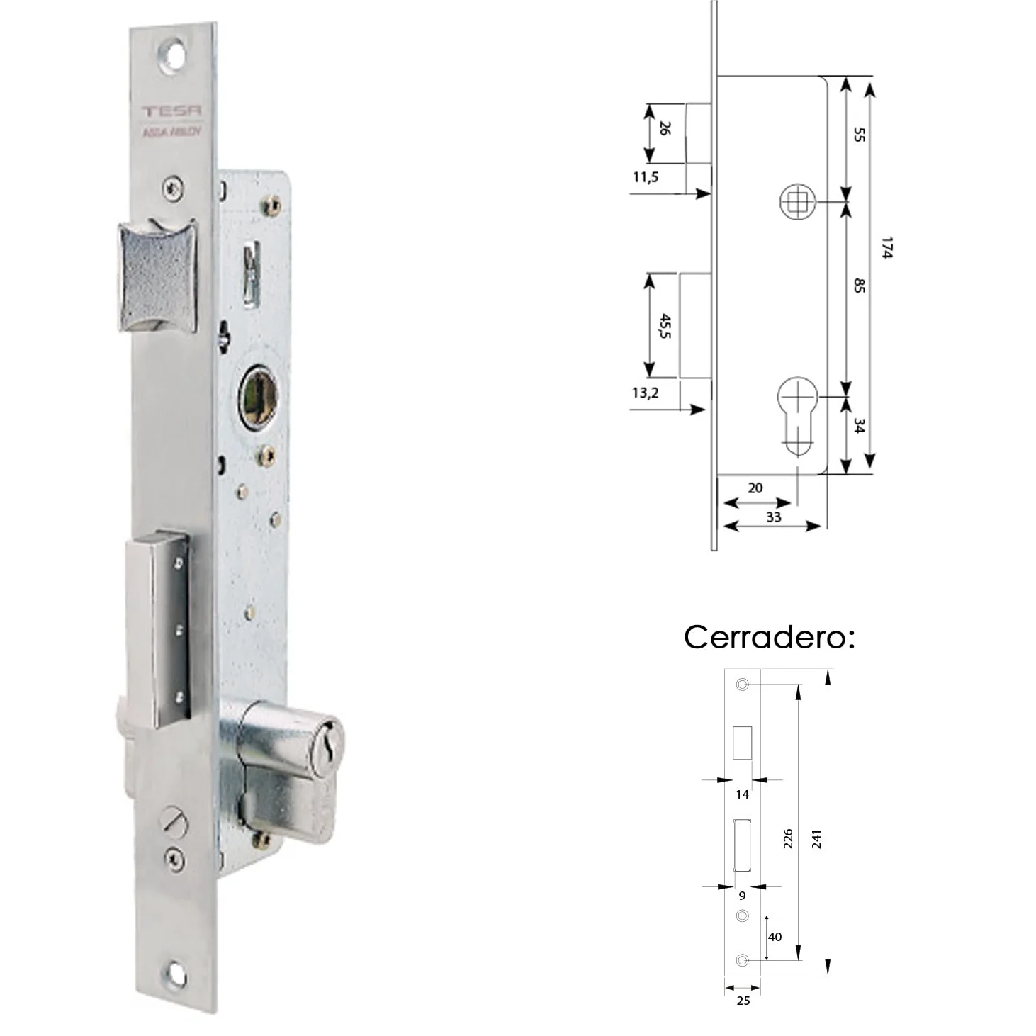 Tesa Assa Abloy 221028AI Cerradura Monopunto De Palanca Deslizante Para Perfiles Metálicos Inoxidable Entrada 20 mm 2210