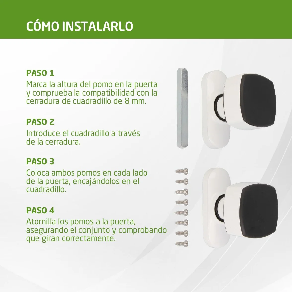 Amig - Juego de Pomos Cuadrados con Placa Estrecha Mod. 6807-81 x 31 mm - Para Puertas de Interior - Ideal en Dormitorios, Baños y Despachos - Aluminio Blanco