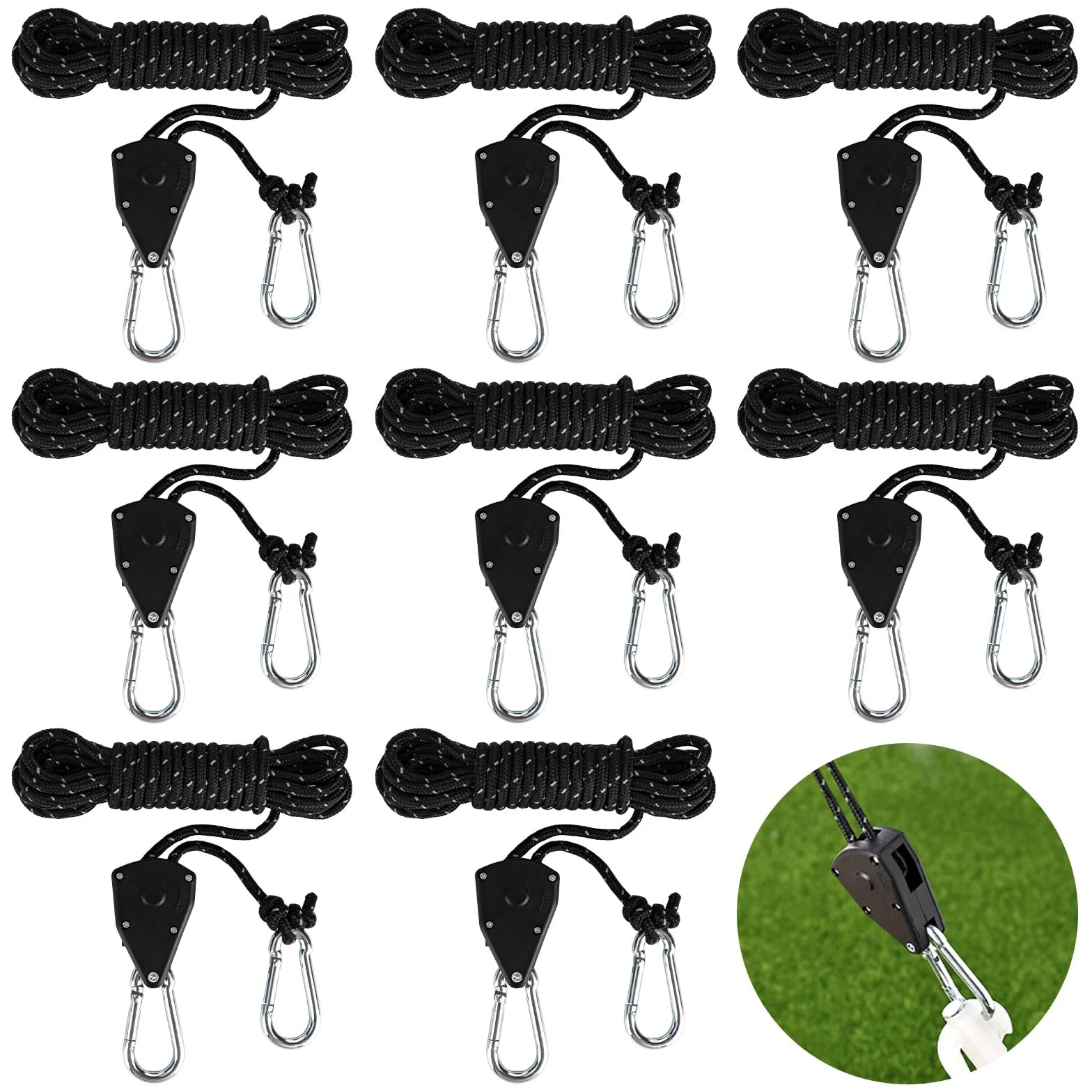 8 ganchos de trinquete, cuerdas tensoras de 4 m con tensor de cuerda, carraca resistente de 1/8 pulgadas para plantas, ventilador, luz, plantas de interior (negro)