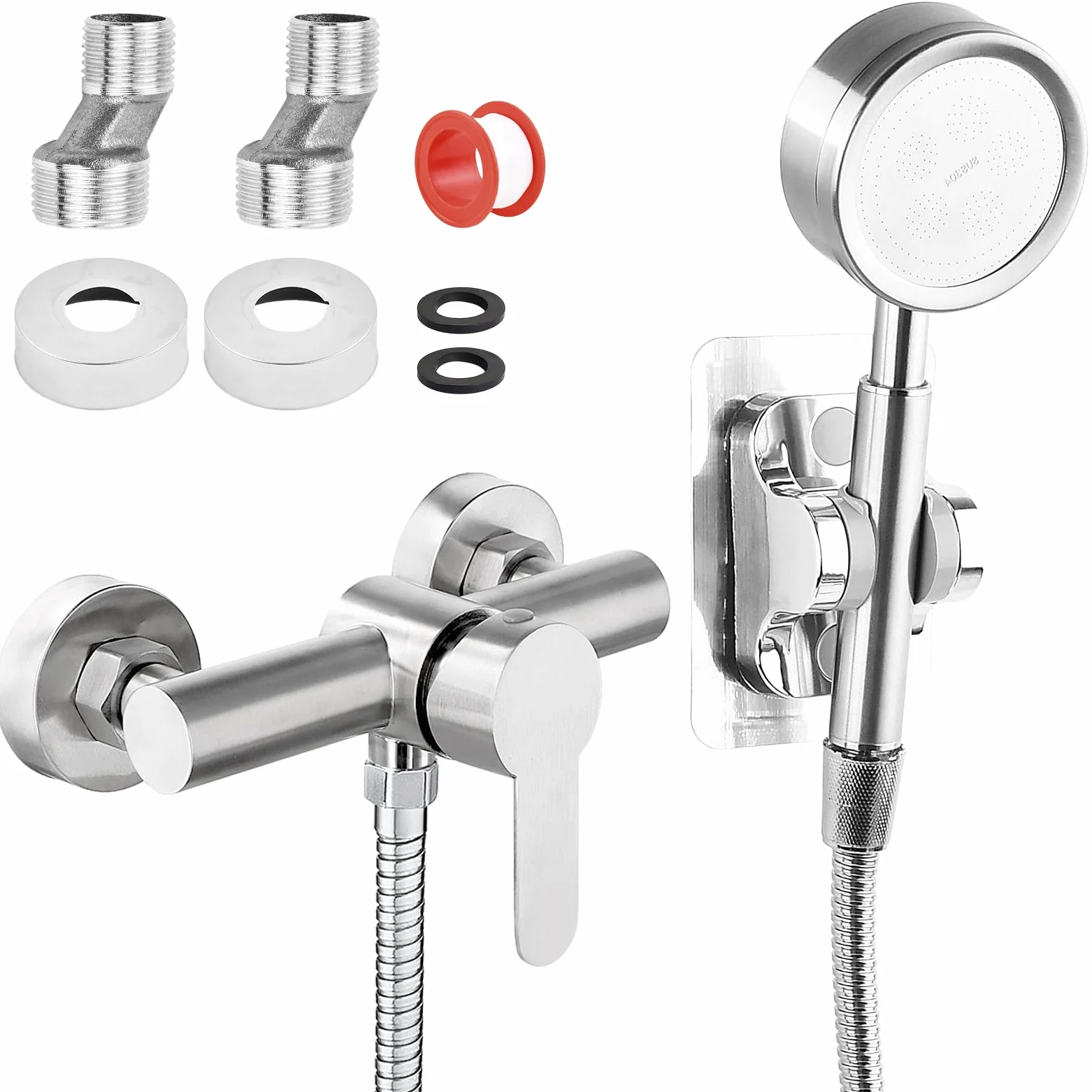 Monomando Ducha, Grifo de Ducha Frío y Caliente, Grifo Ducha Baño de Pared Acero inoxidable 304, Grifo de Baño para Agua Fría y Caliente Con cabezal de Ducha