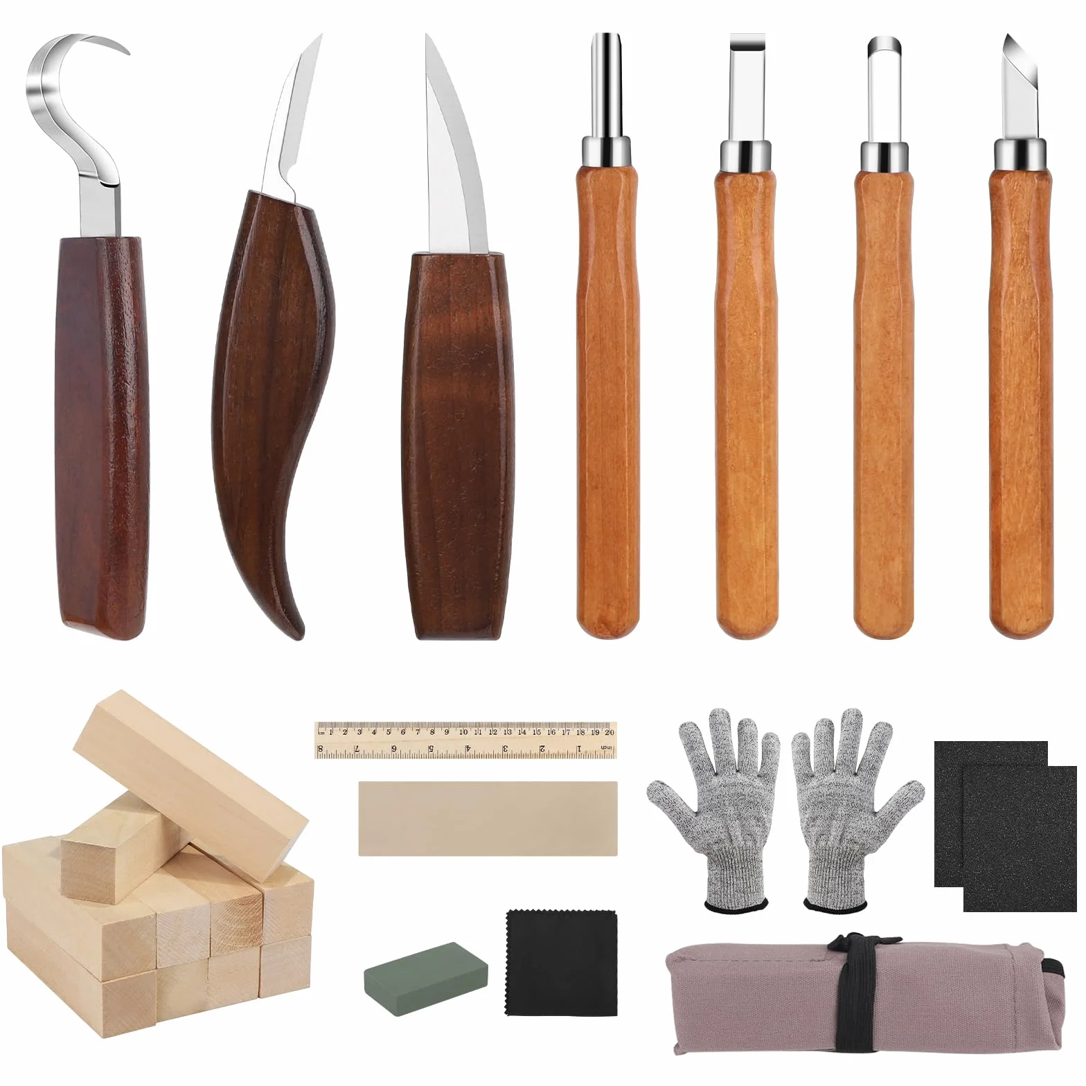 DBREAKS 24 Piezas Tallar Madera Gubias, Kit de Herramientas para Tallar Madera, con Guantes Anticorte, Madera para Tallar, Para Principiantes Y Profesionales
