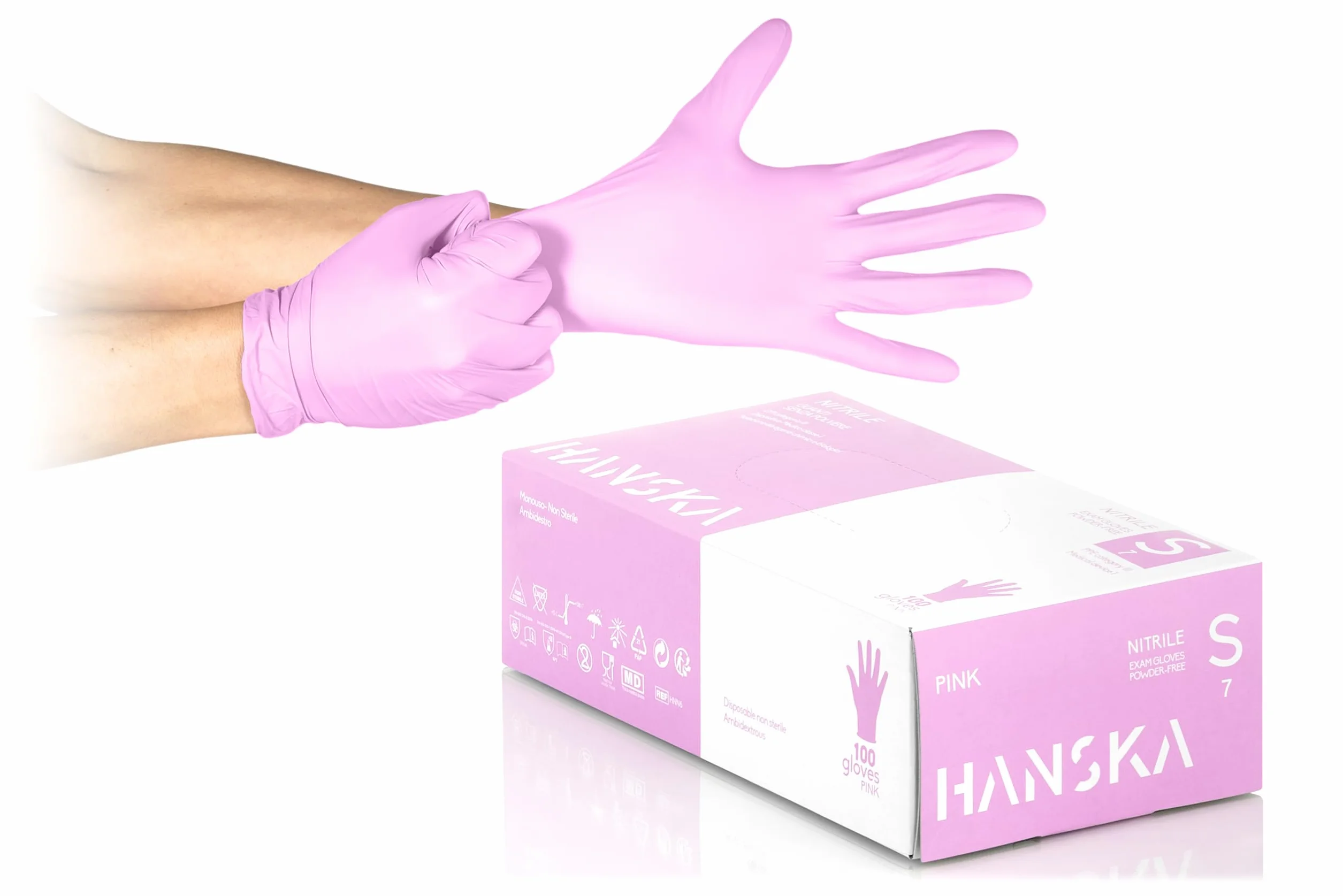HANSKA 100 Guantes desechables de nitrilo rosas - Sin polvo - Desechables - Ambidiestros - No estériles - Base de goma - Apto para áreas médicas y manipulación de alimentos (100, S)