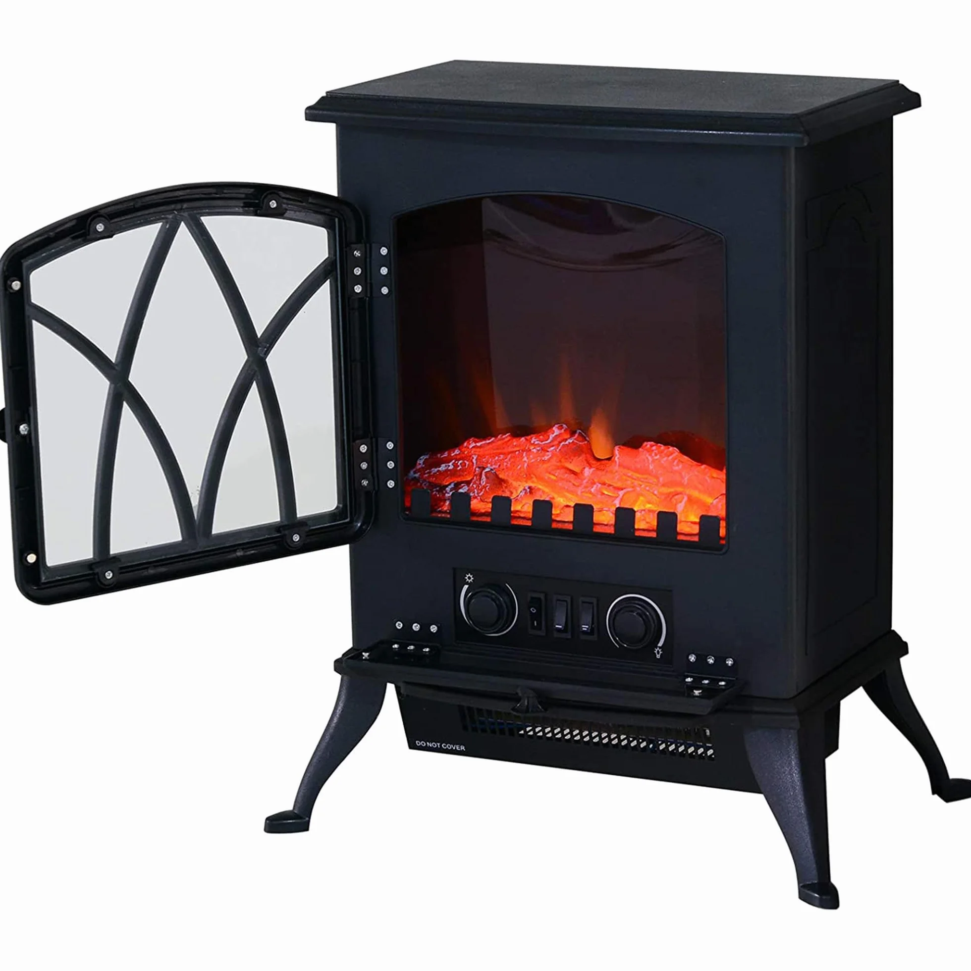 HOMCOM Chimenea Eléctrica de Pie 1000W/2000W Chimenea Decorativa con Ventana Efecto de Llama Brillo Ajustable y Protección Sobrecalentamiento para 15-30 ㎡ 45x28,5x54 cm Negro