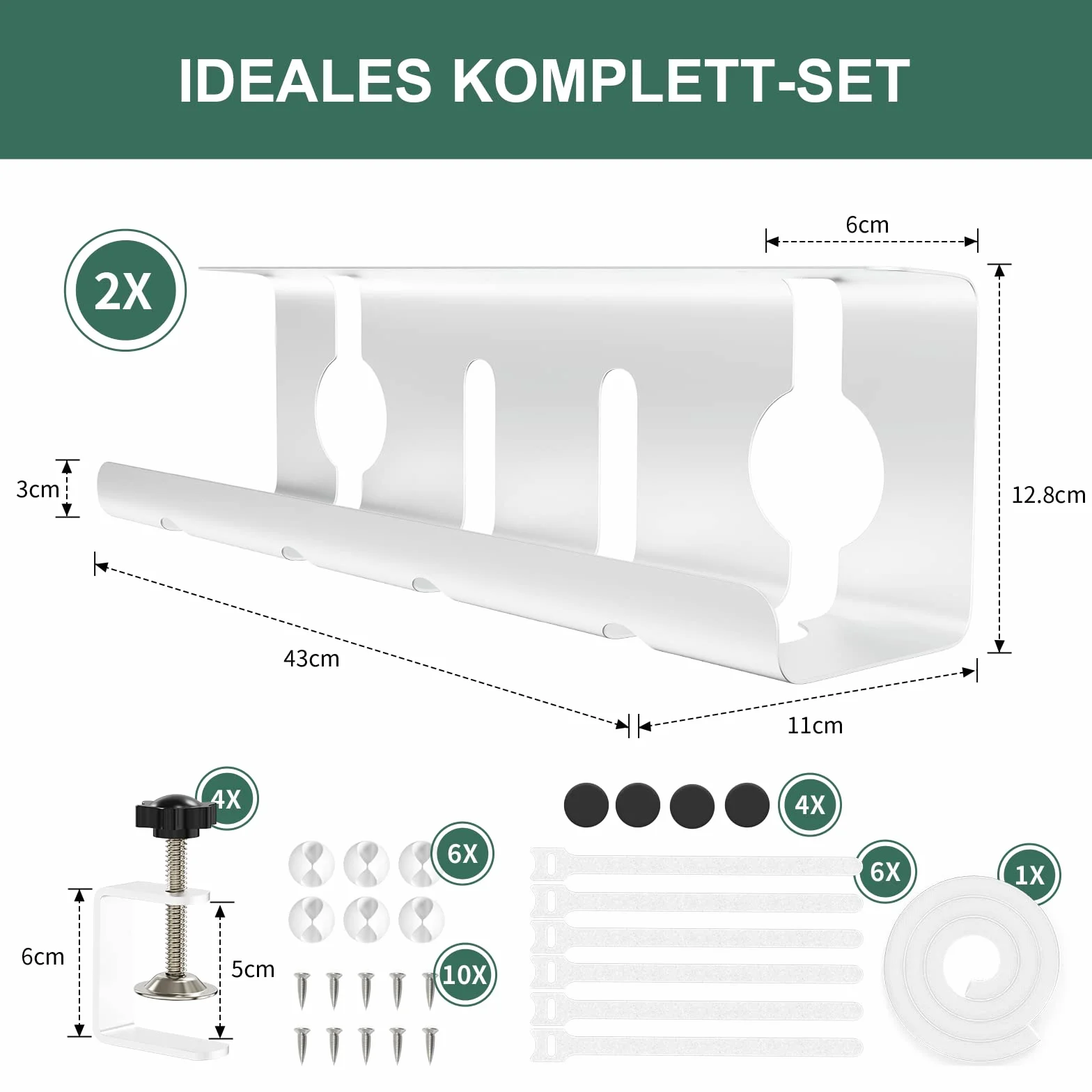 Bandeja Organizador Cables Escritorio, Juego de 2 Cable Management sin Necesidad de Taladrar, Recoge Cables Mesa Escritorio, 43cm Soporte de Cables para Hogar u Oficina, Blanco