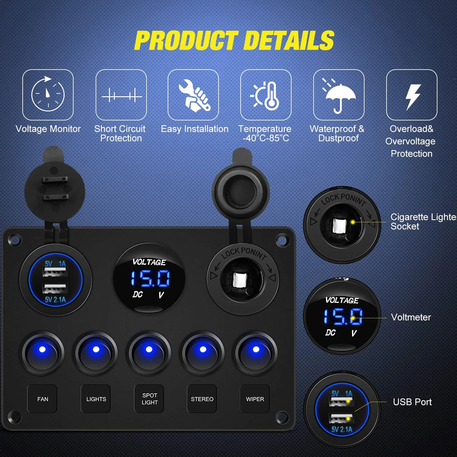 Greluma 1 Pieza Panel de interruptores basculantes 5 posiciones con interruptores automáticos,fusible línea de 15A,voltímetro digital,cargador USB y toma de encendedor 12V para barcos,automóviles