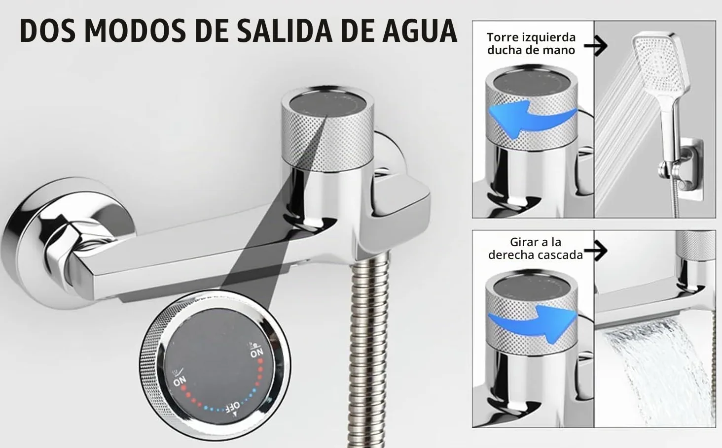 Grifo de bañera con termostato con 2 salidas, grifo de ducha con botón de seguridad, grifo mezclador para bañera y ducha, montaje en pared, cromado